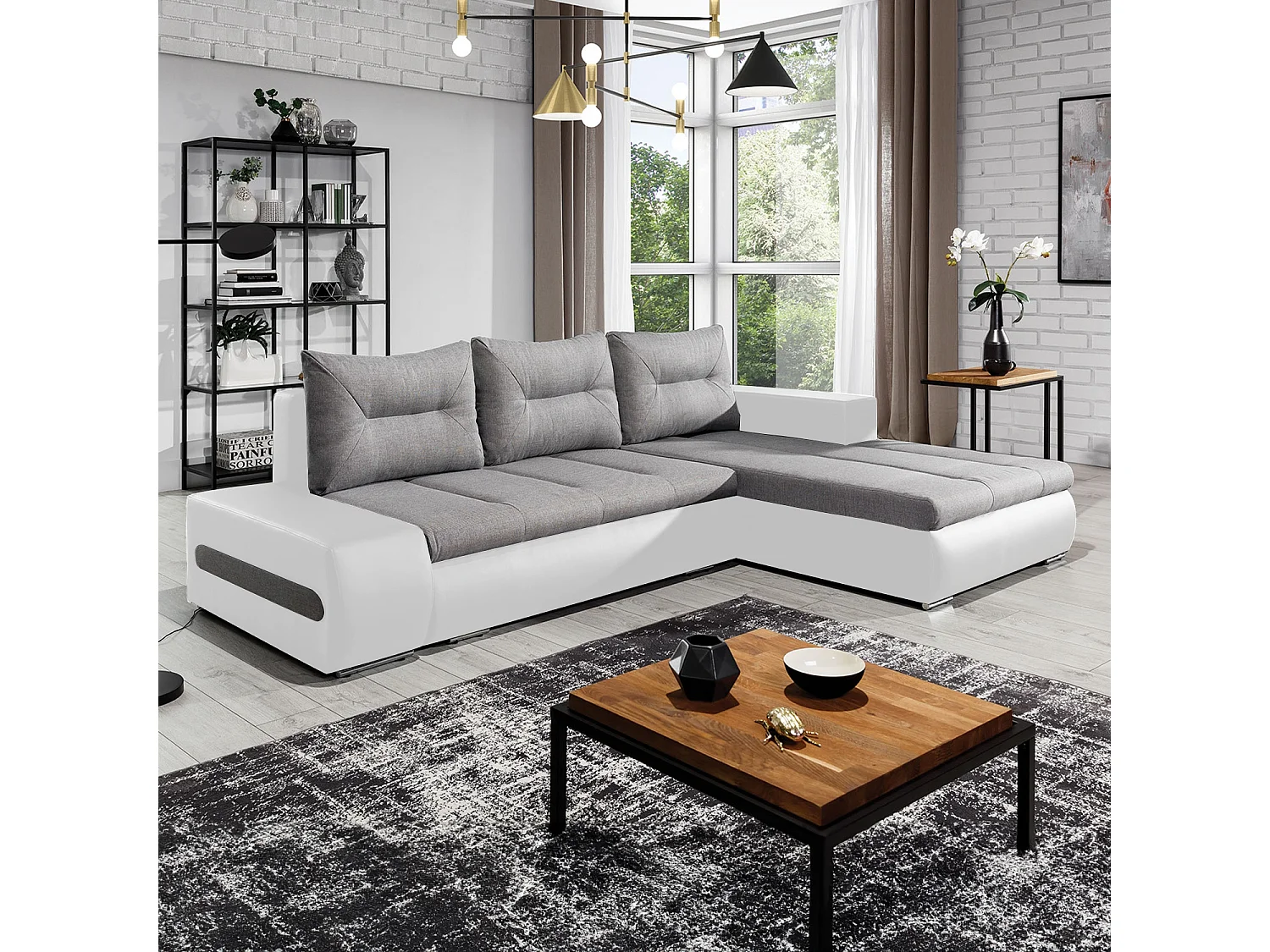 Canapé d'angle droit convertible Santiago Gris et Blanc