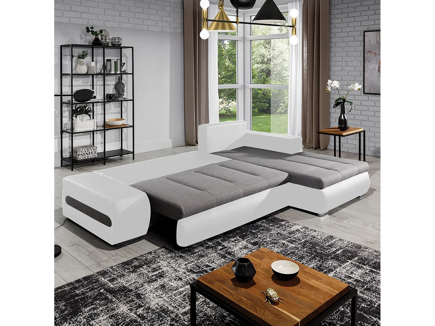 Canapé d'angle droit convertible Santiago Gris et Blanc