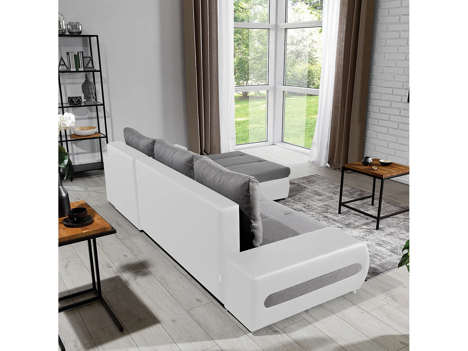 Canapé d'angle droit convertible Santiago Gris et Blanc