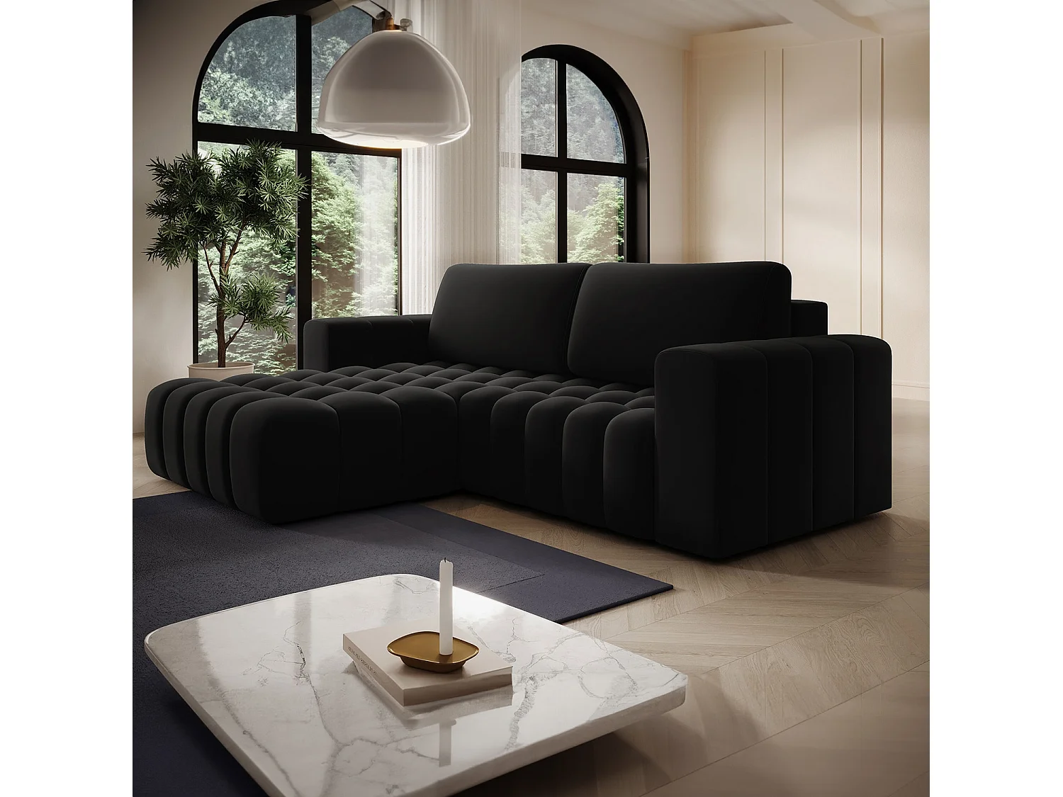 Canapé d'angle gauche convertible Clovis Velours Noir