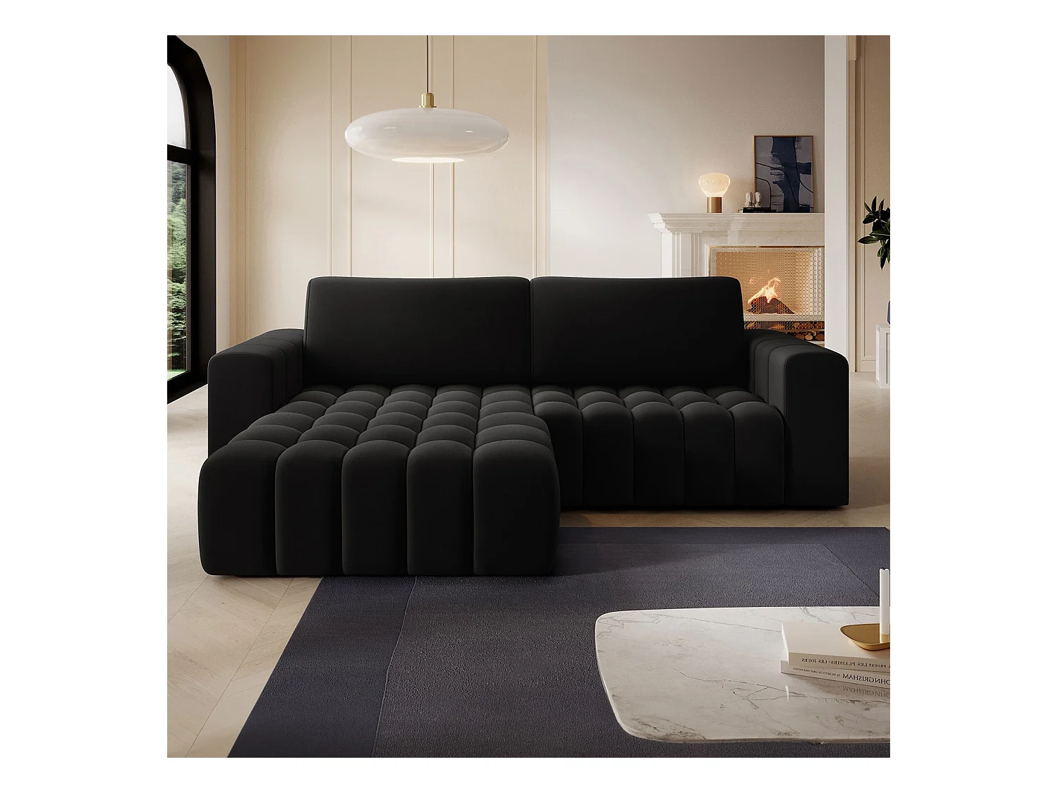 Canapé d'angle gauche convertible Clovis Velours Noir