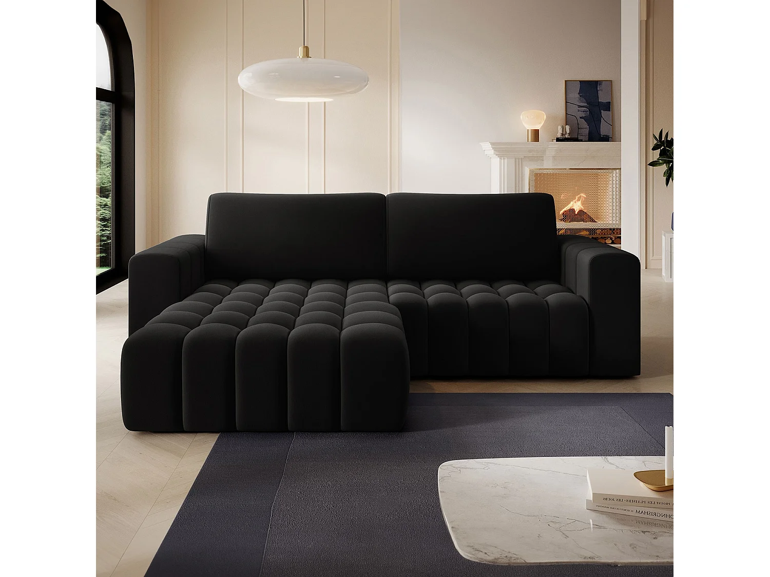 Canapé d'angle gauche convertible Clovis Velours Noir