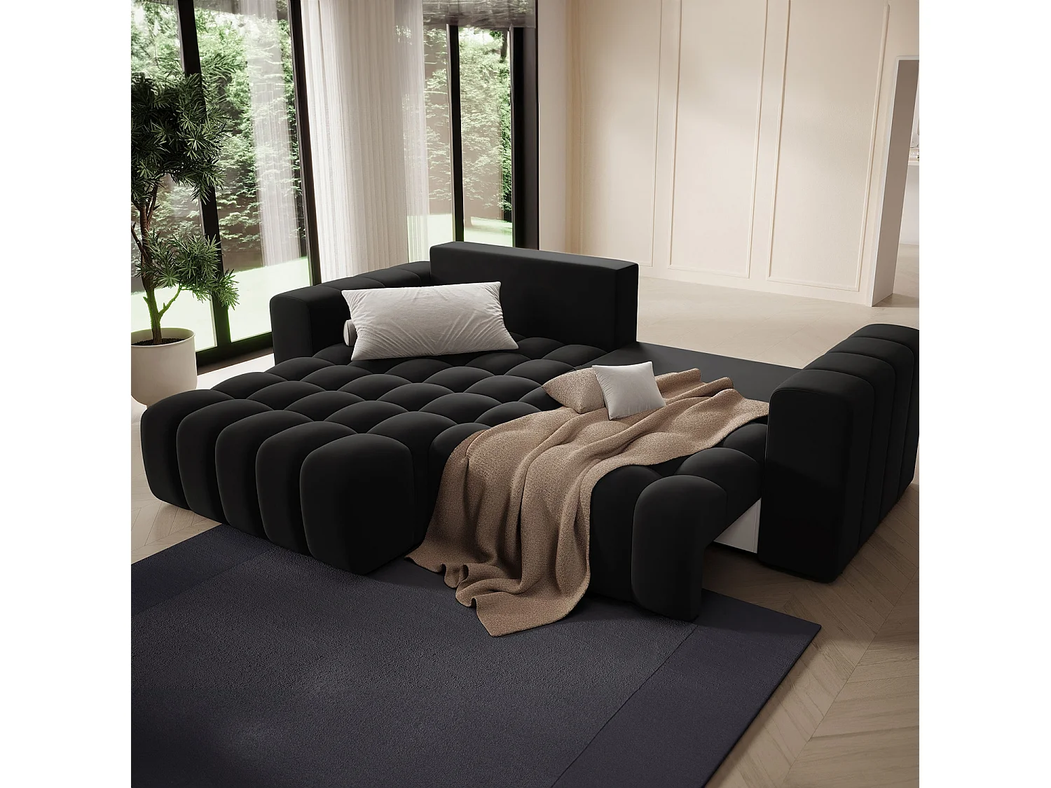 Canapé d'angle gauche convertible Clovis Velours Noir