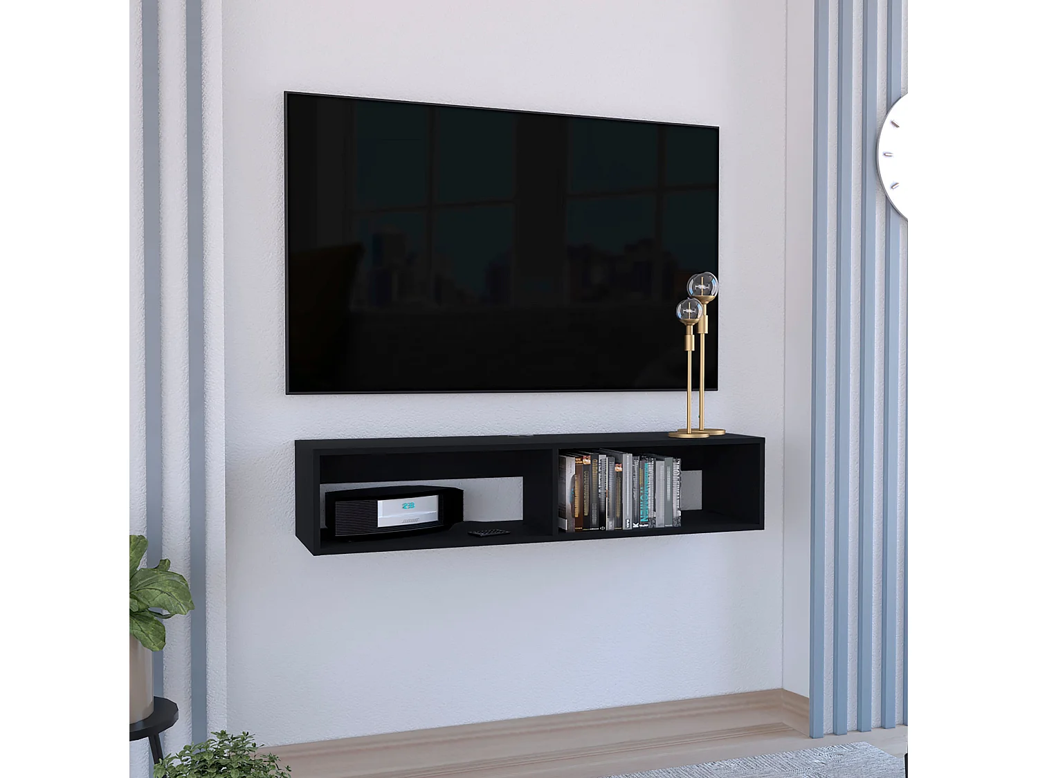 Scaffale multimediale in melamina Rockwood con due ripiani , 25.3 cm X 121.1 cm X 32 cm , Nero