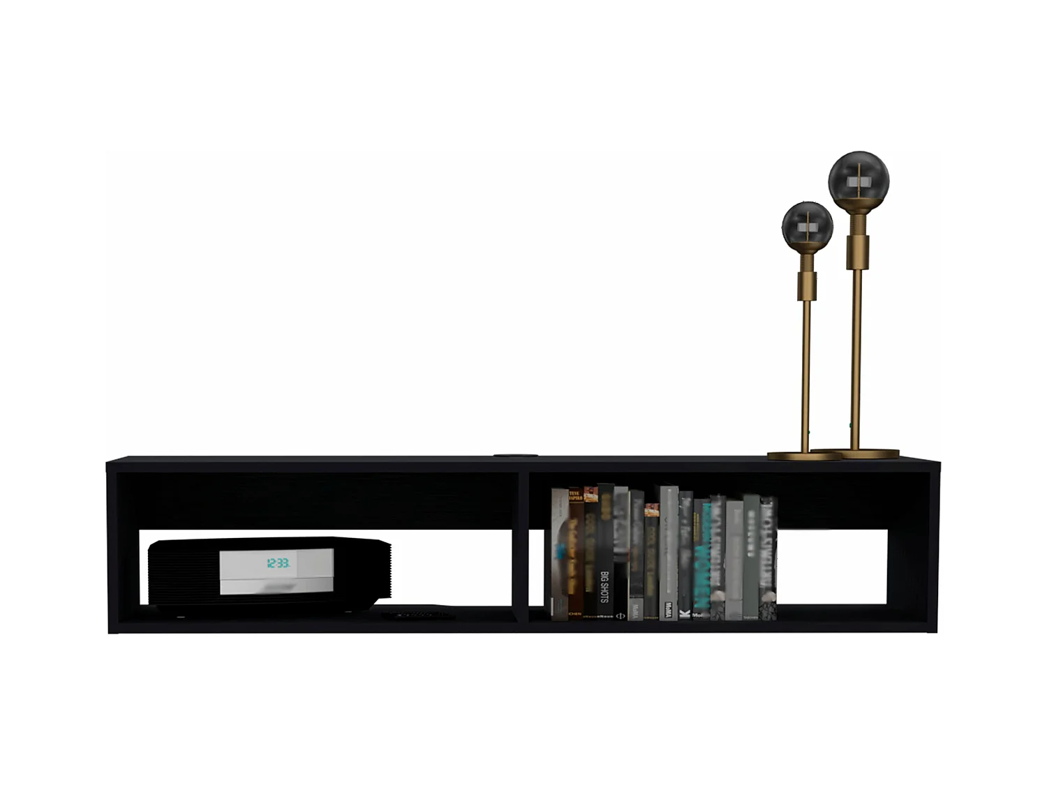 Scaffale multimediale in melamina Rockwood con due ripiani , 25.3 cm X 121.1 cm X 32 cm , Nero