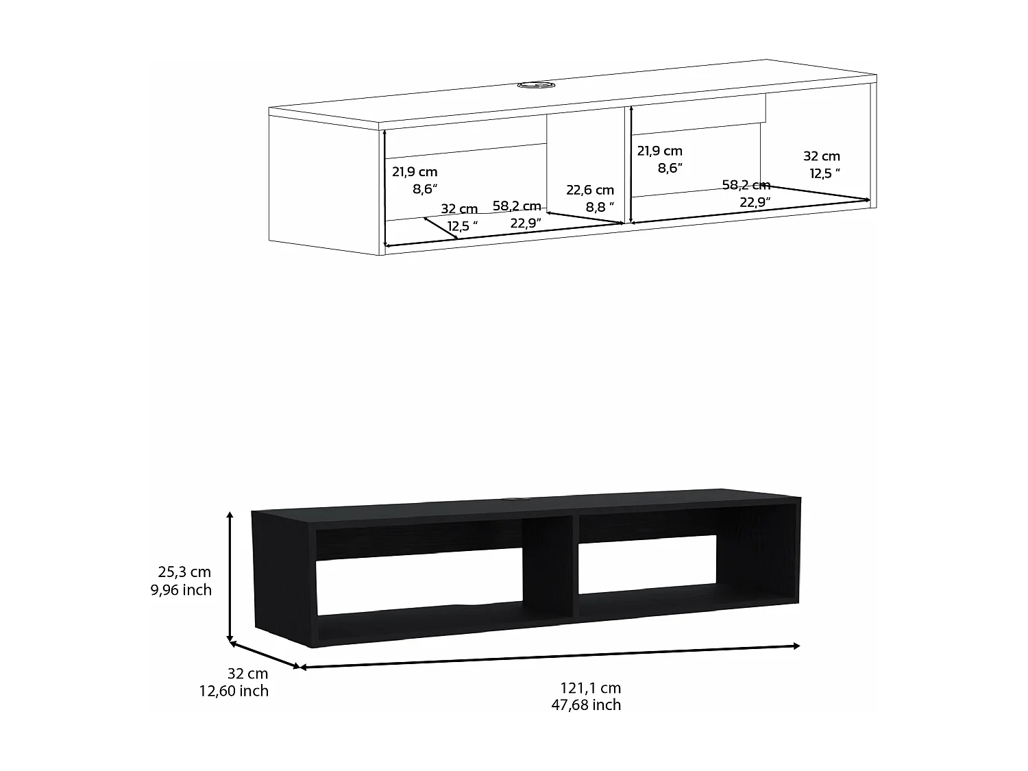 Scaffale multimediale in melamina Rockwood con due ripiani , 25.3 cm X 121.1 cm X 32 cm , Nero
