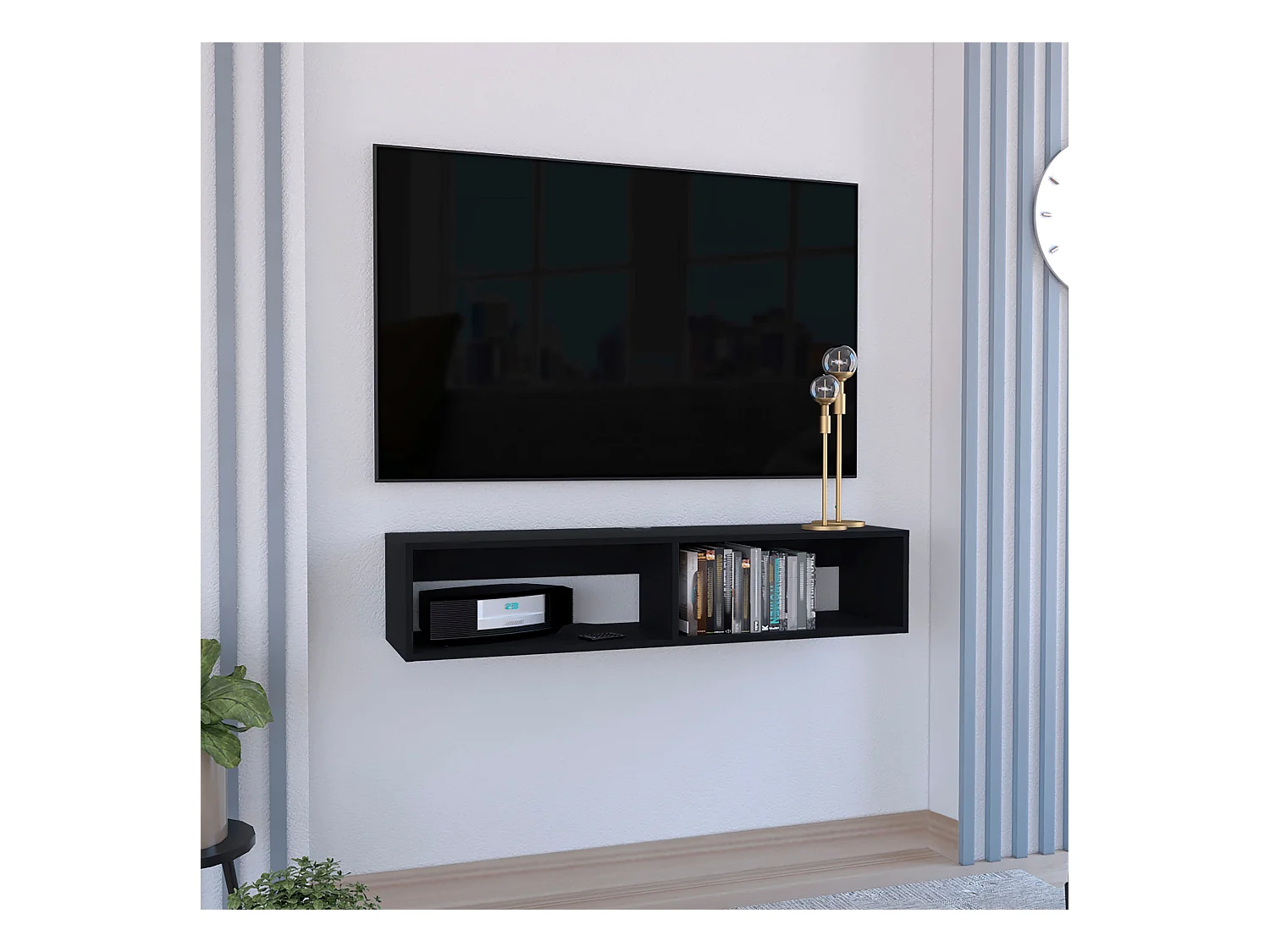 Estante multimedia Rockwood en melamina con dos estantes , 25.3 cm  X 121.1 cm  X 32 cm  , Negro