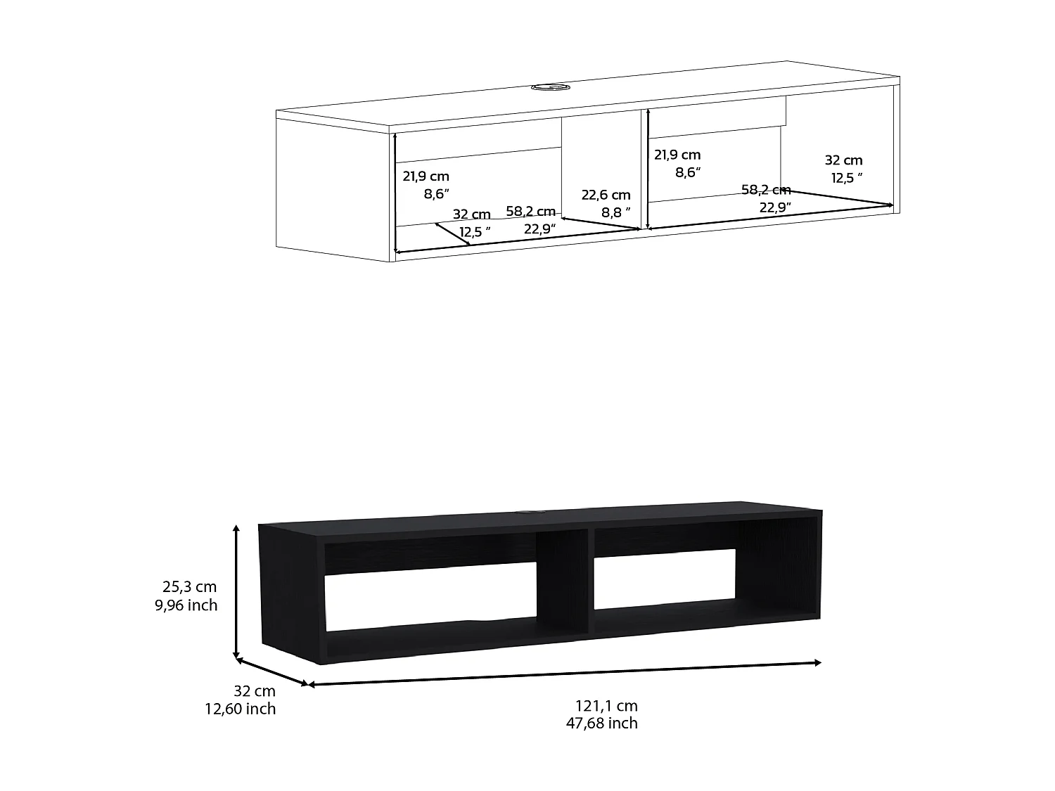 Estante multimedia Rockwood en melamina con dos estantes , 25.3 cm  X 121.1 cm  X 32 cm  , Negro
