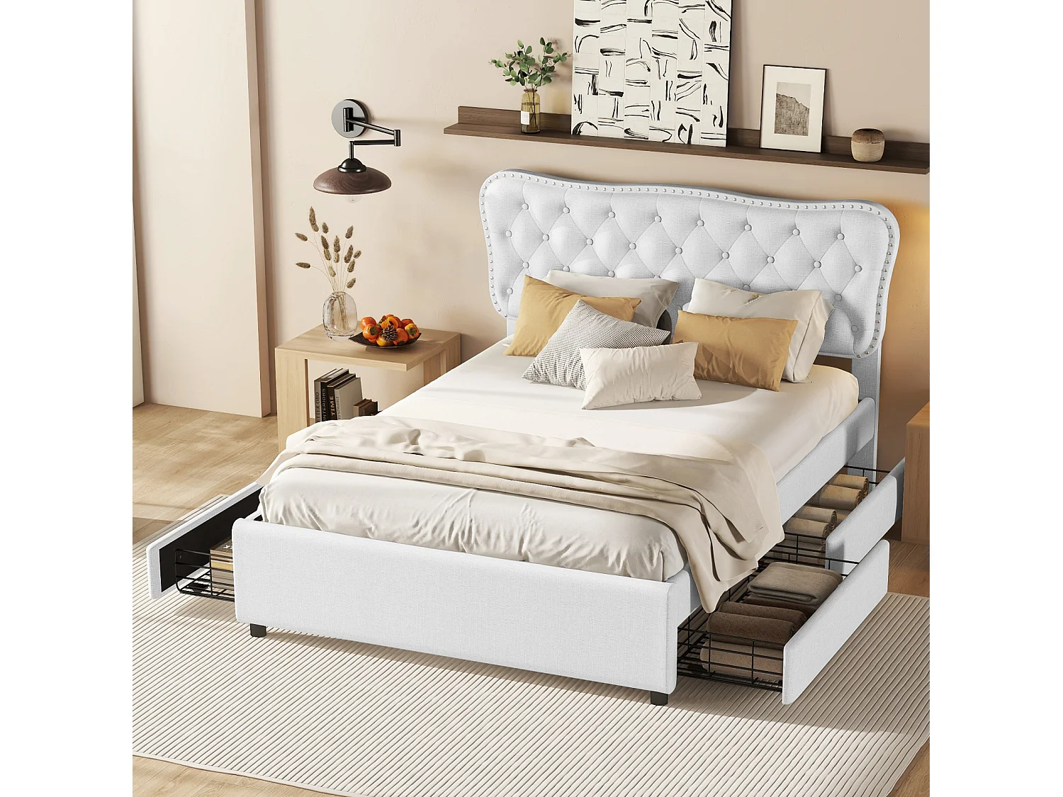 140x200cm gepolstertes Erwachsenenbett, Doppelbett mit Podest aus Leinen mit 4 Schubladen, Lattenrost und Kopfteil, weiß