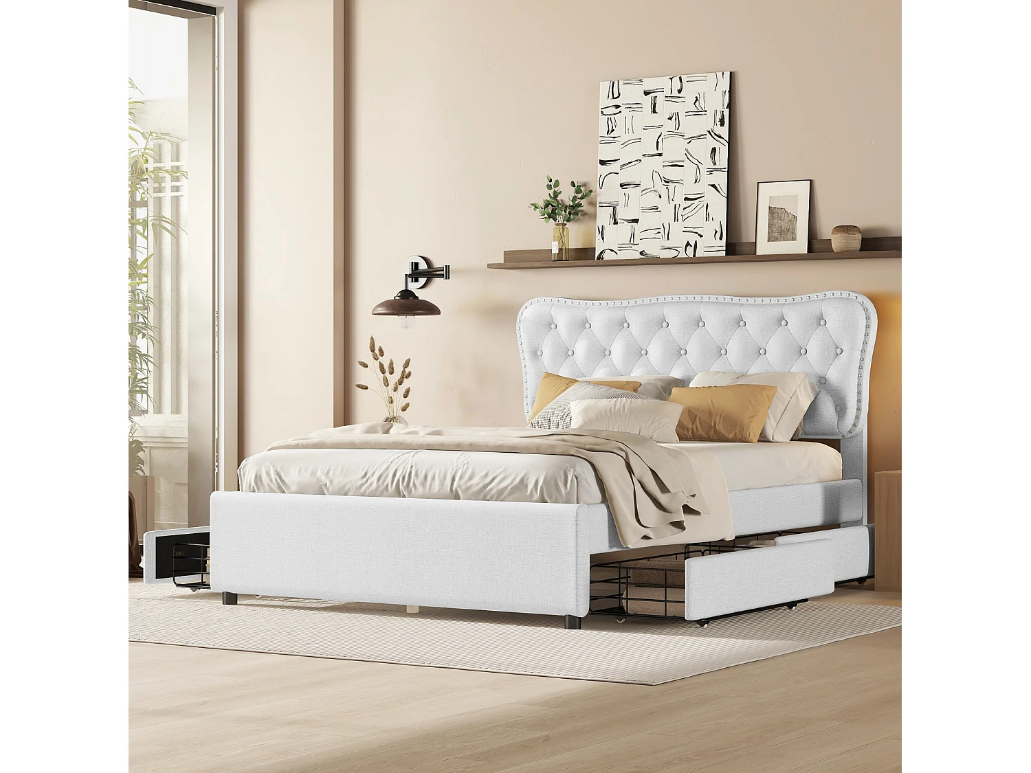 140x200cm gepolstertes Erwachsenenbett, Doppelbett mit Podest aus Leinen mit 4 Schubladen, Lattenrost und Kopfteil, weiß