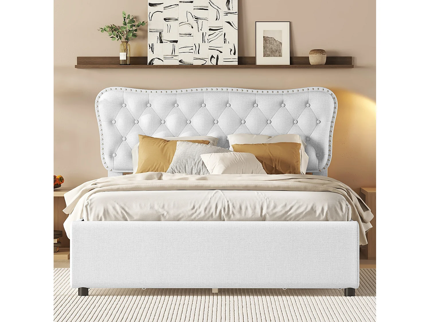 140x200cm gepolstertes Erwachsenenbett, Doppelbett mit Podest aus Leinen mit 4 Schubladen, Lattenrost und Kopfteil, weiß