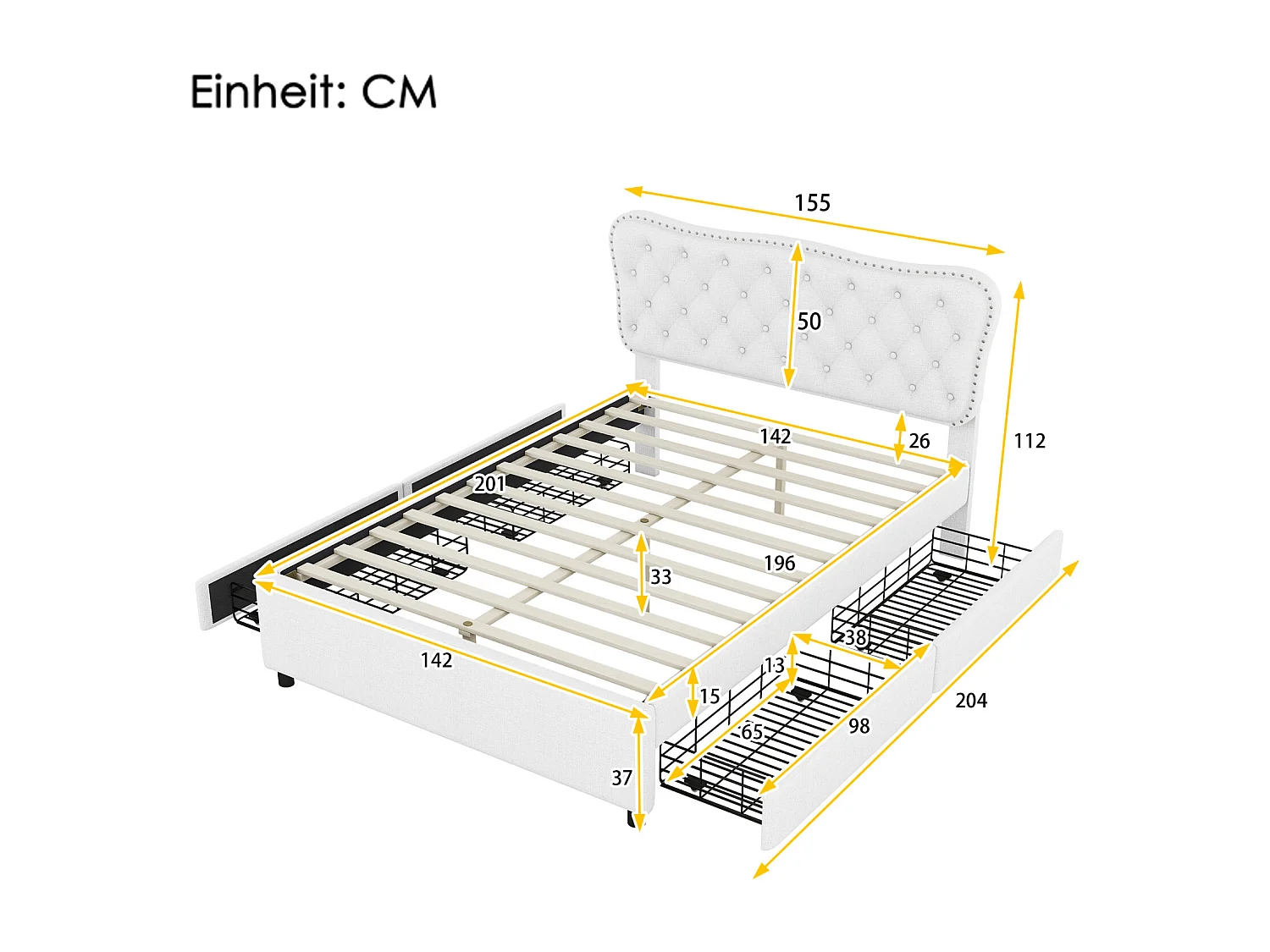 140x200cm gepolstertes Erwachsenenbett, Doppelbett mit Podest aus Leinen mit 4 Schubladen, Lattenrost und Kopfteil, weiß