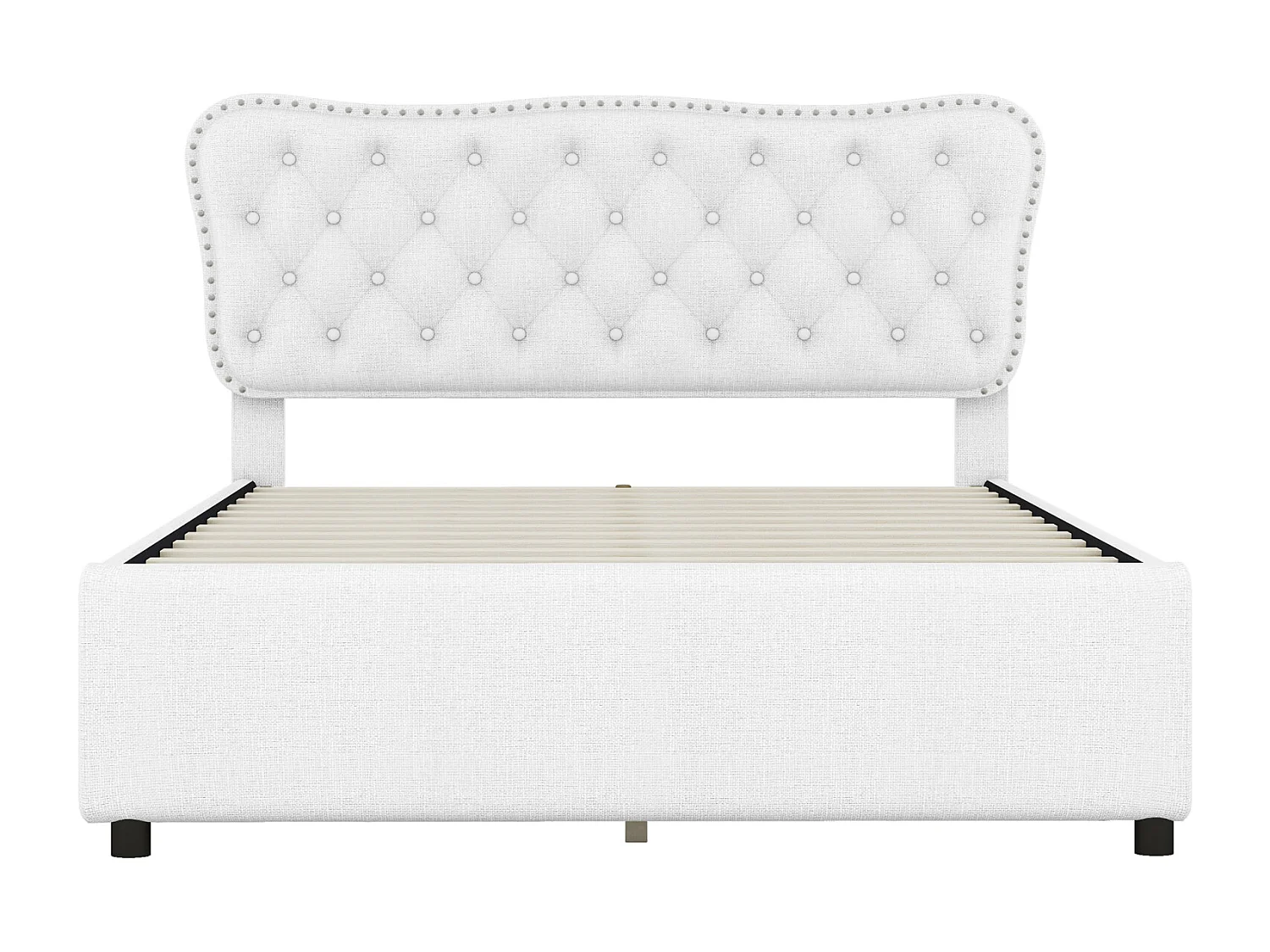 140x200cm gepolstertes Erwachsenenbett, Doppelbett mit Podest aus Leinen mit 4 Schubladen, Lattenrost und Kopfteil, weiß