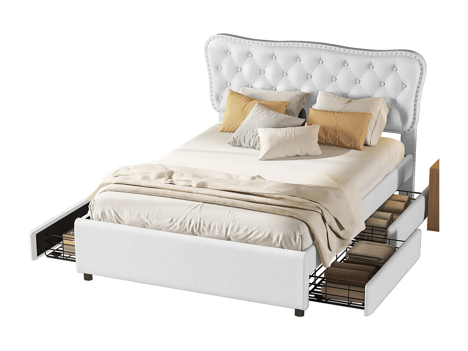 140x200cm gepolstertes Erwachsenenbett, Doppelbett mit Podest aus Leinen mit 4 Schubladen, Lattenrost und Kopfteil, weiß