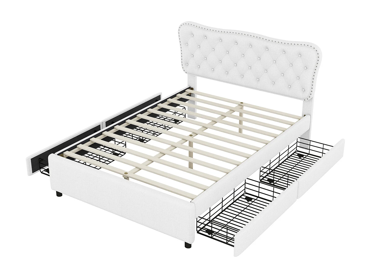 140x200cm gepolstertes Erwachsenenbett, Doppelbett mit Podest aus Leinen mit 4 Schubladen, Lattenrost und Kopfteil, weiß