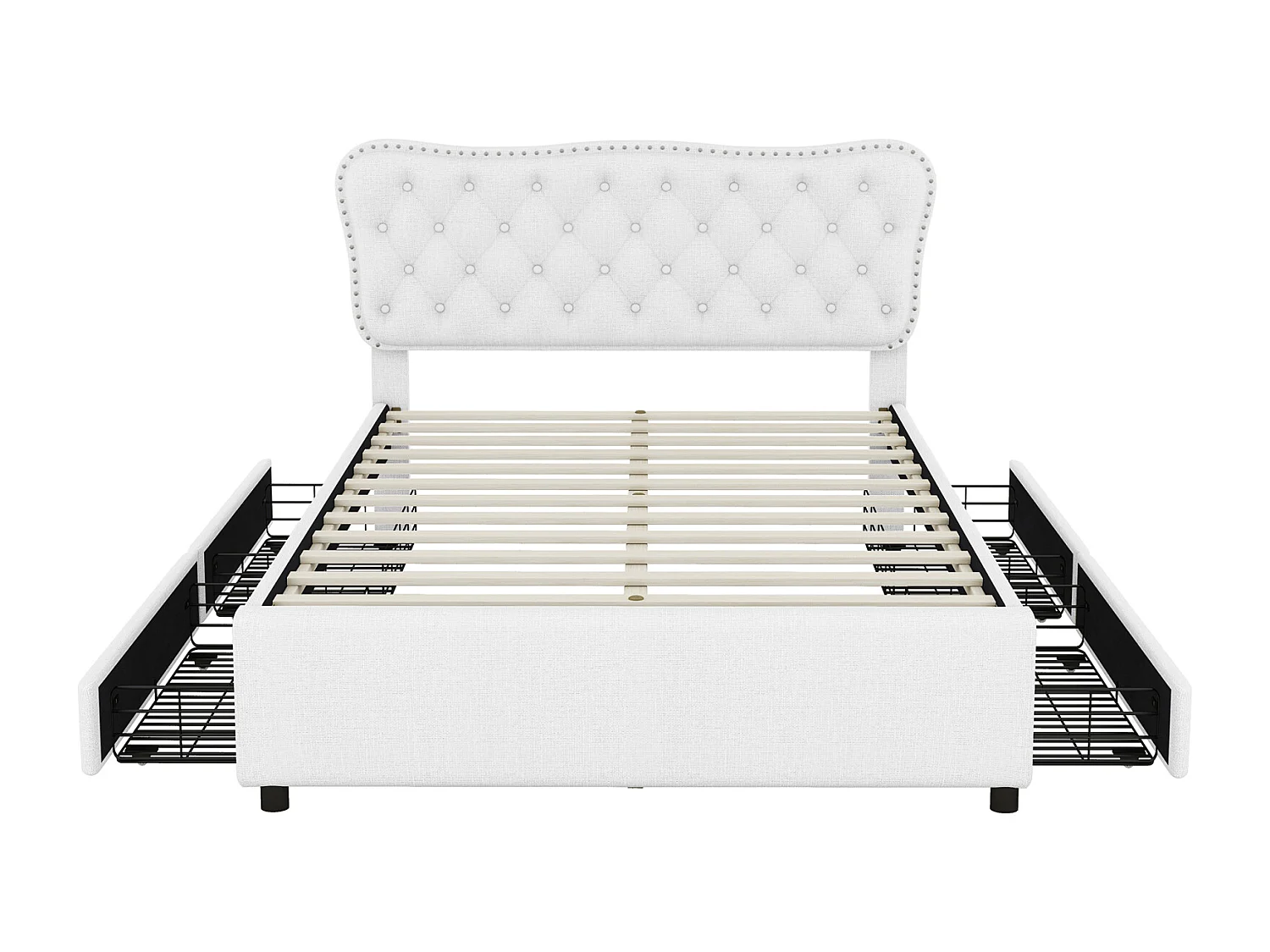 140x200cm gepolstertes Erwachsenenbett, Doppelbett mit Podest aus Leinen mit 4 Schubladen, Lattenrost und Kopfteil, weiß