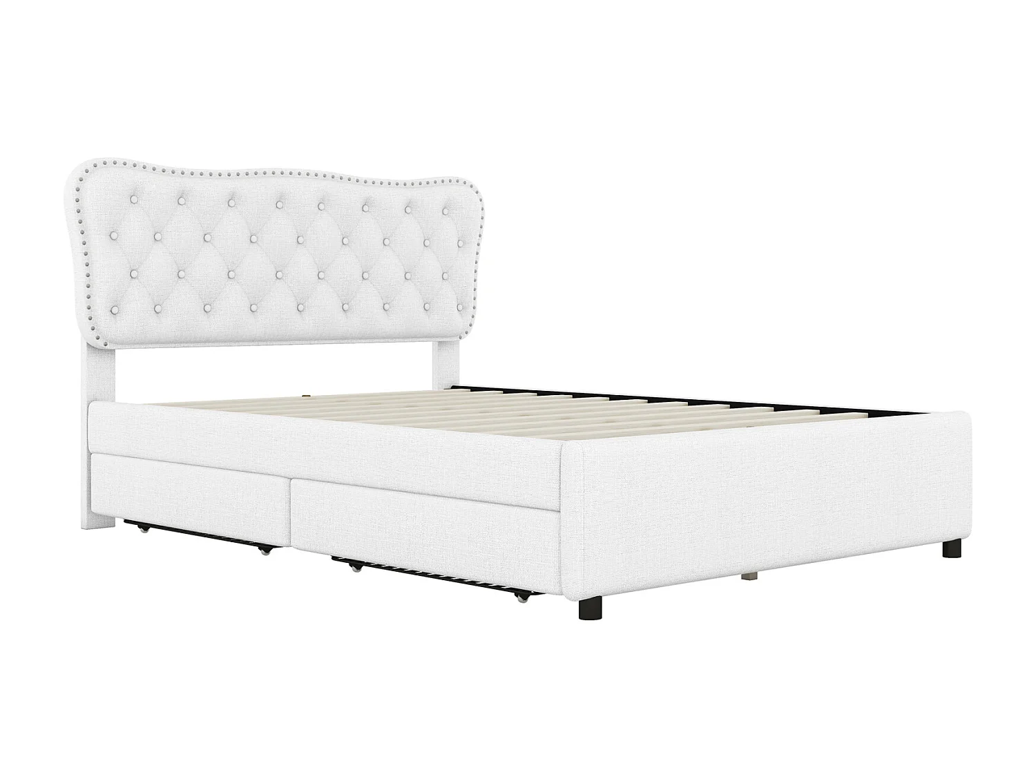 140x200cm gepolstertes Erwachsenenbett, Doppelbett mit Podest aus Leinen mit 4 Schubladen, Lattenrost und Kopfteil, weiß