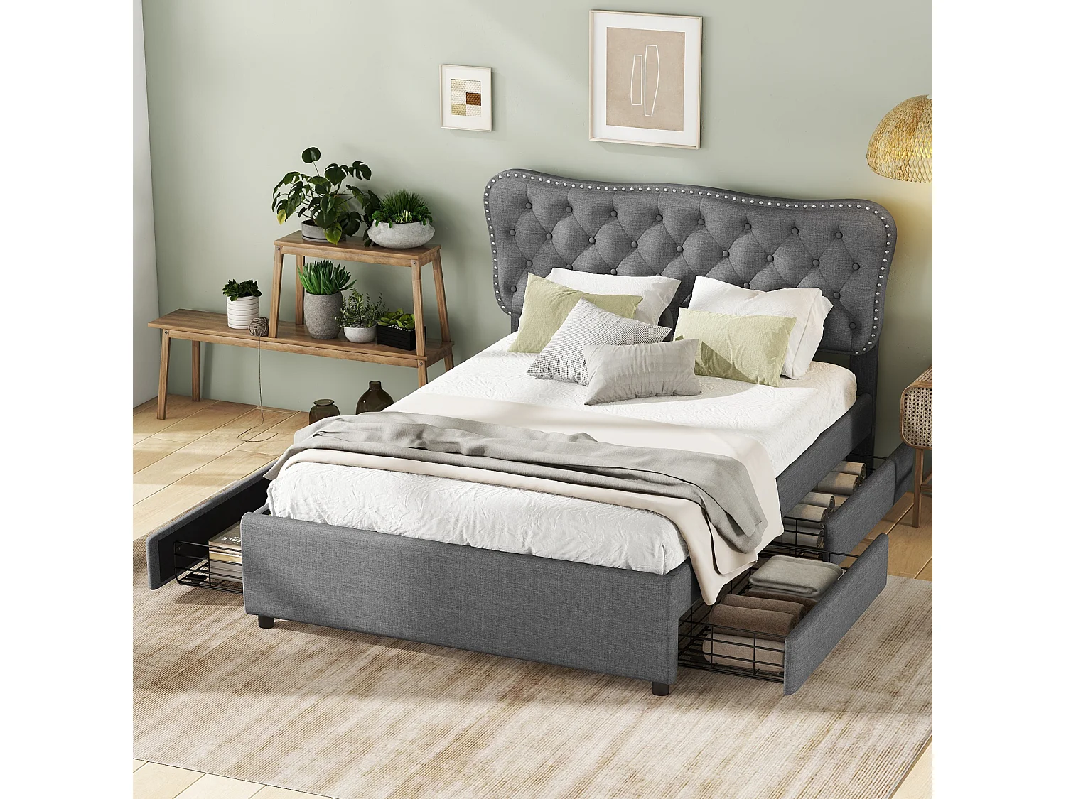 Lit adulte capitonné 140x200cm, lit double podium en lin avec 4 tiroirs, sommier à lattes et tête de lit, gris