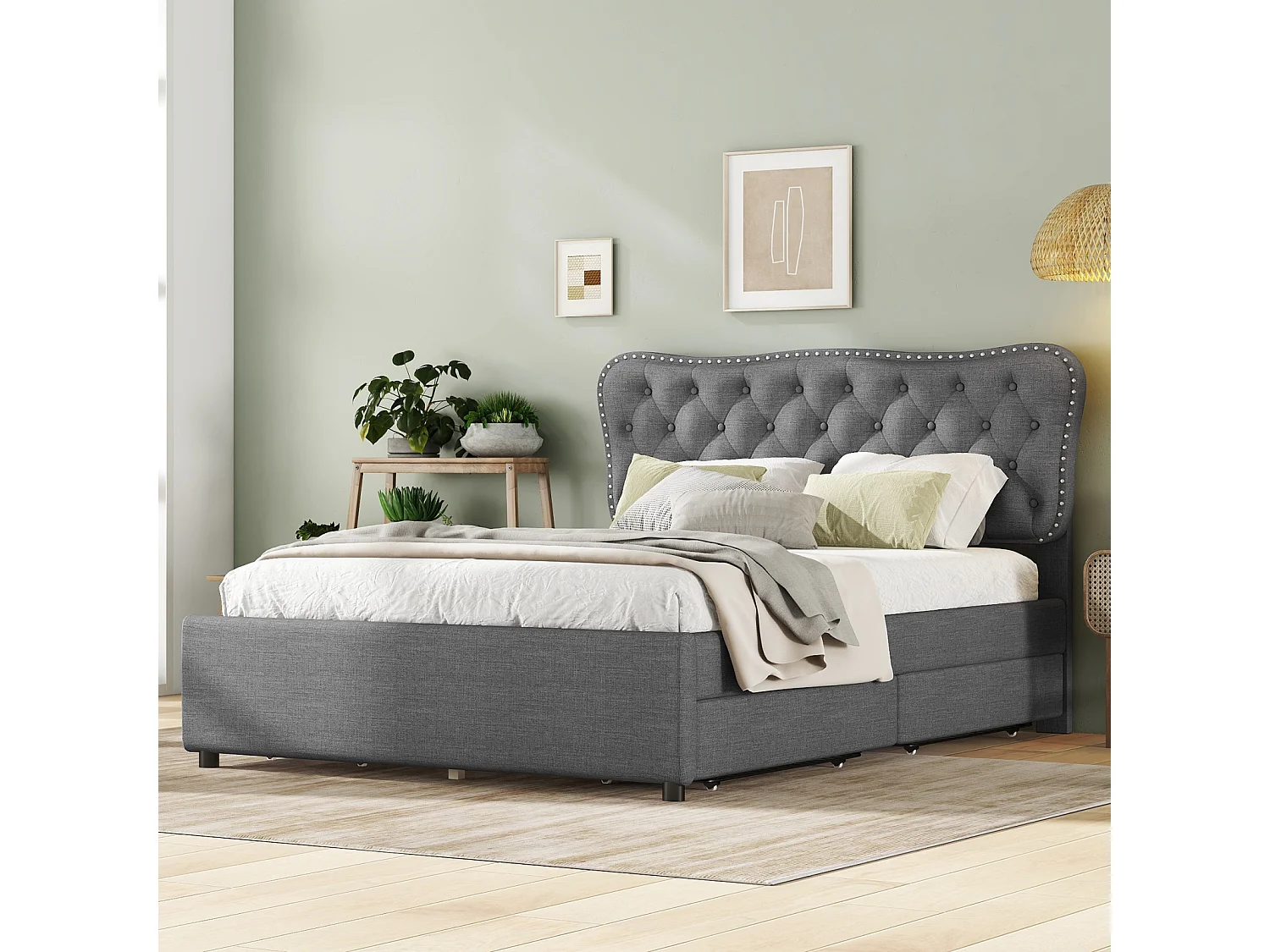 Lit adulte capitonné 140x200cm, lit double podium en lin avec 4 tiroirs, sommier à lattes et tête de lit, gris