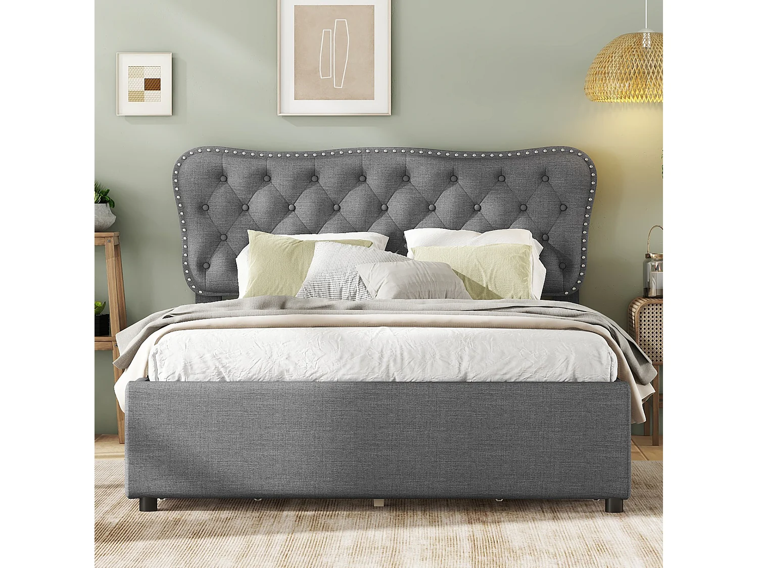 Lit adulte capitonné 140x200cm, lit double podium en lin avec 4 tiroirs, sommier à lattes et tête de lit, gris