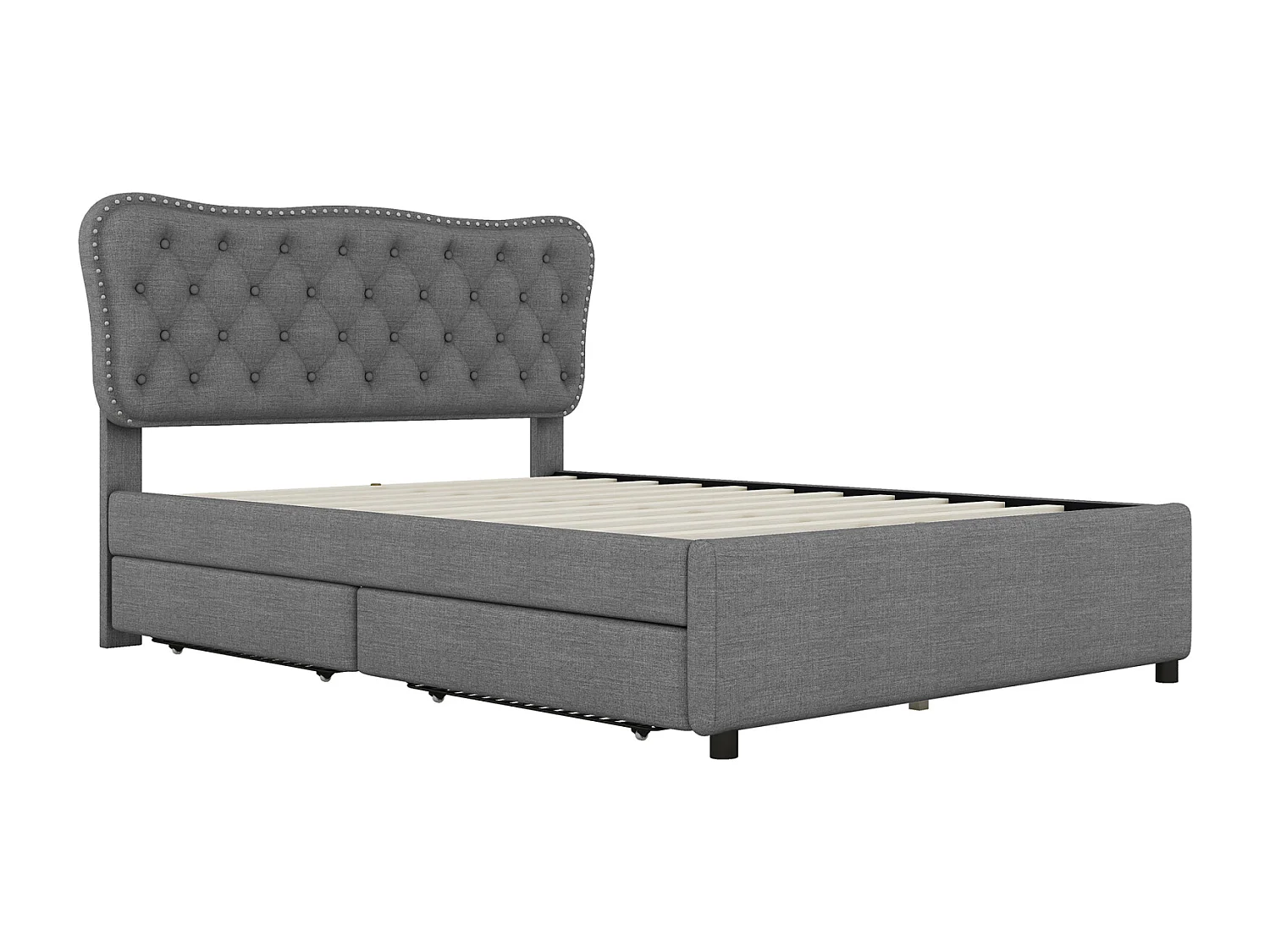 Lit adulte capitonné 140x200cm, lit double podium en lin avec 4 tiroirs, sommier à lattes et tête de lit, gris