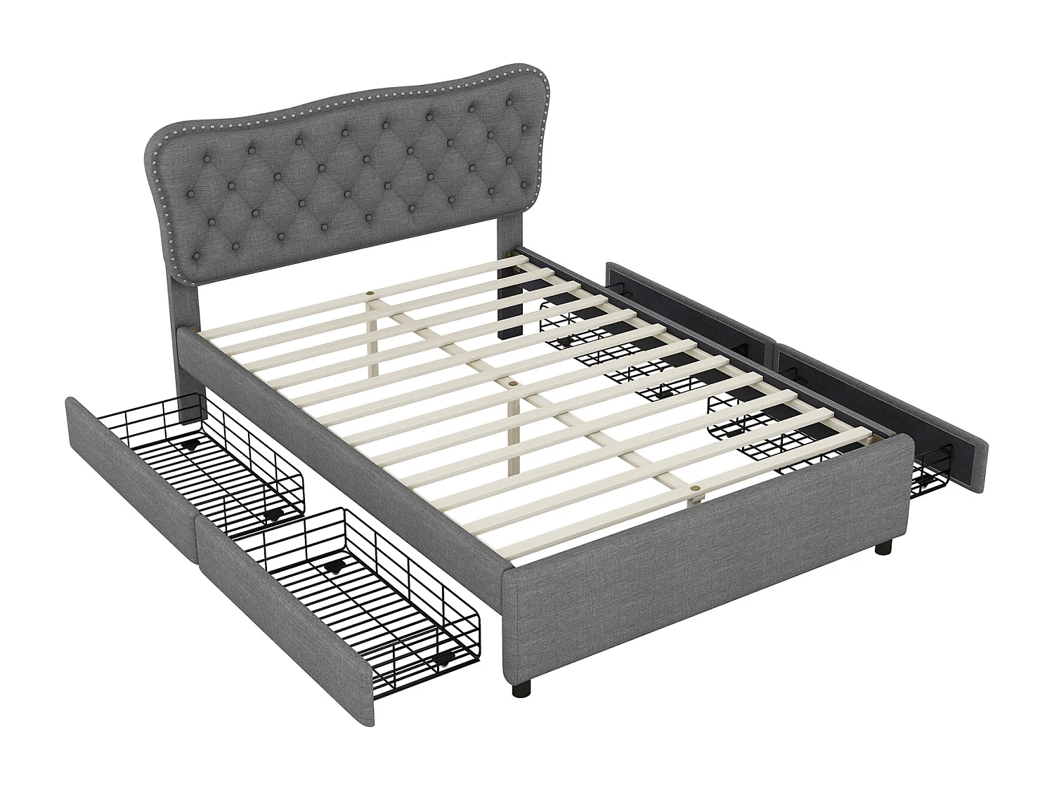 Lit adulte capitonné 140x200cm, lit double podium en lin avec 4 tiroirs, sommier à lattes et tête de lit, gris