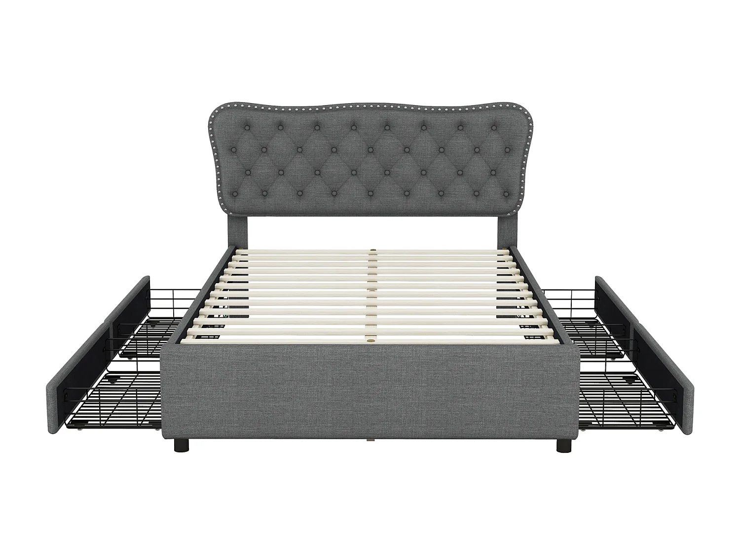 Lit adulte capitonné 140x200cm, lit double podium en lin avec 4 tiroirs, sommier à lattes et tête de lit, gris