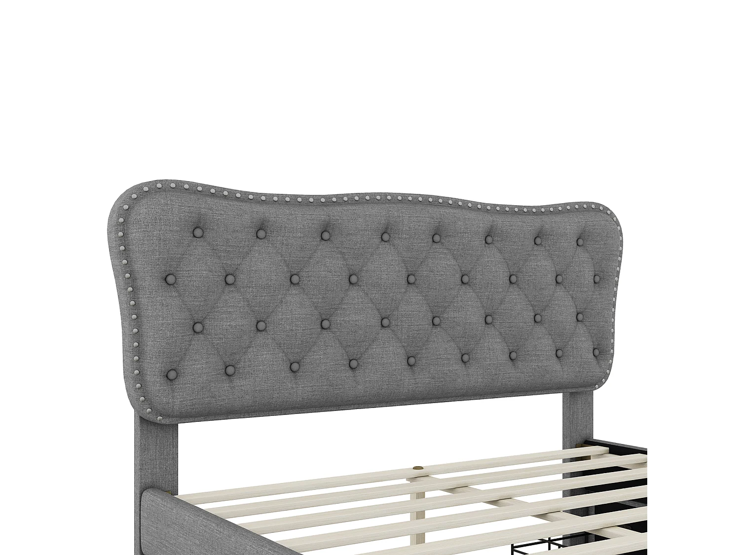 Lit adulte capitonné 140x200cm, lit double podium en lin avec 4 tiroirs, sommier à lattes et tête de lit, gris