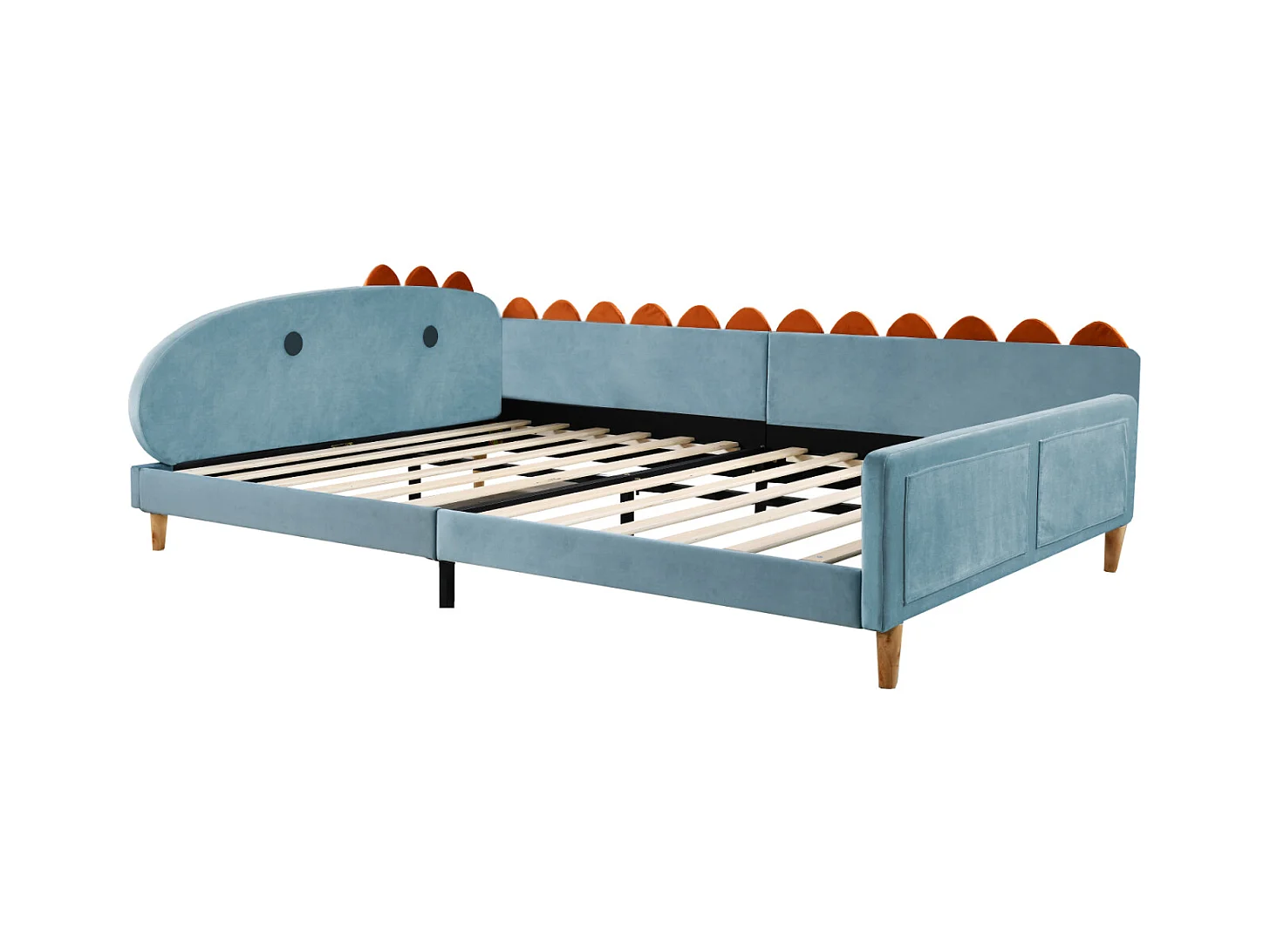 Kinderbed 140x200cm - Bedframe in de vorm van een dinosaurus, met rugleuning, armleuningen, lattenbodem - in de stof Blau velvet