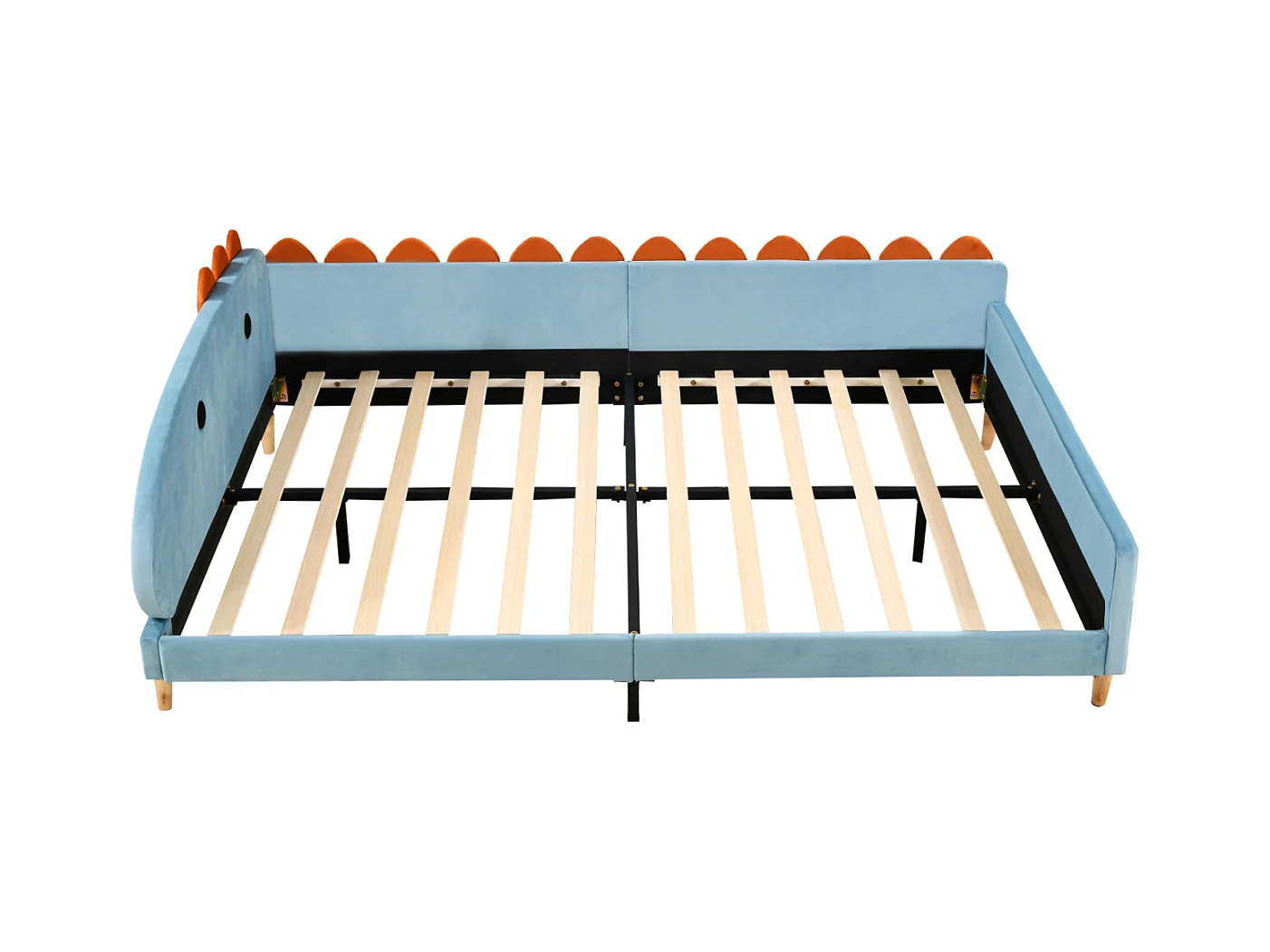 Kinderbed 140x200cm - Bedframe in de vorm van een dinosaurus, met rugleuning, armleuningen, lattenbodem - in de stof Blau velvet