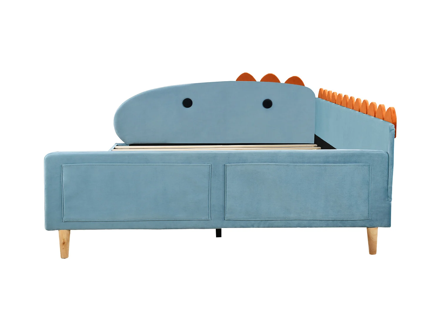 Kinderbed 140x200cm - Bedframe in de vorm van een dinosaurus, met rugleuning, armleuningen, lattenbodem - in de stof Blau velvet