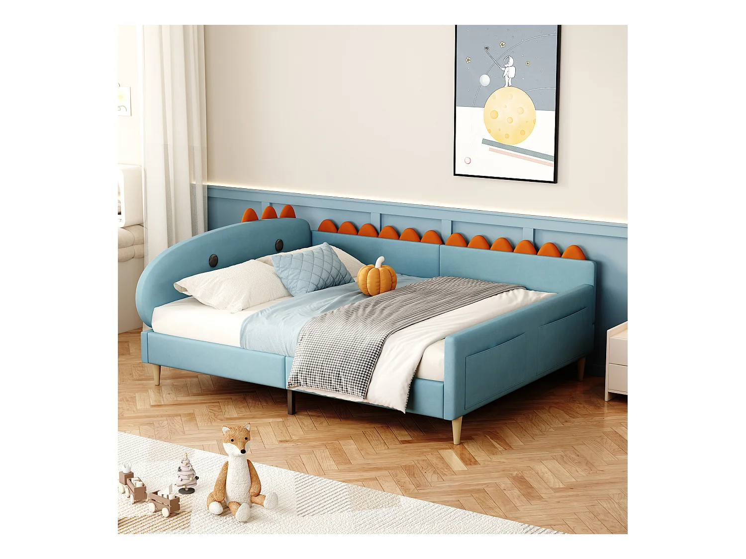 Kinderbed 140x200cm - Bedframe in de vorm van een dinosaurus, met rugleuning, armleuningen, lattenbodem - in de stof Blau velvet