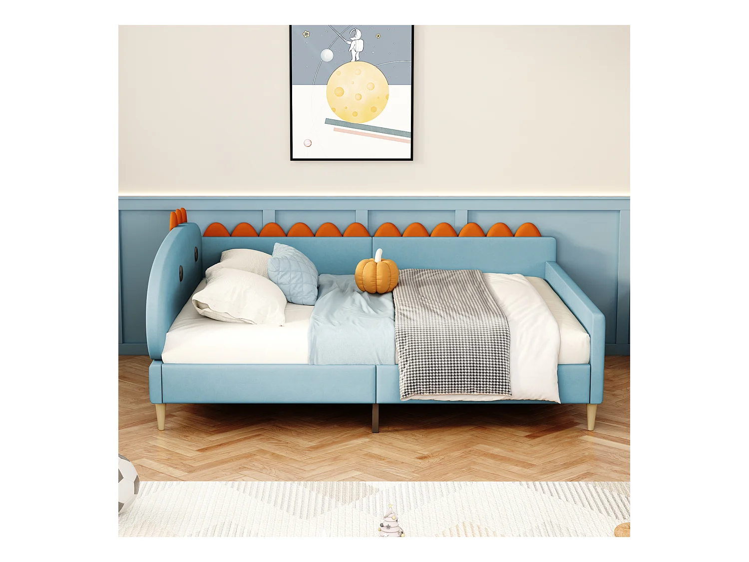 Kinderbed 140x200cm - Bedframe in de vorm van een dinosaurus, met rugleuning, armleuningen, lattenbodem - in de stof Blau velvet