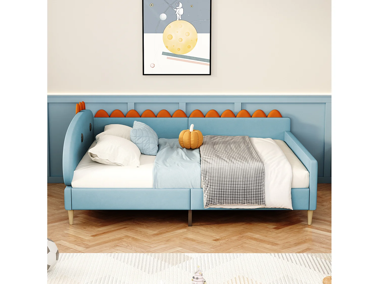 Kinderbed 140x200cm - Bedframe in de vorm van een dinosaurus, met rugleuning, armleuningen, lattenbodem - in de stof Blau velvet