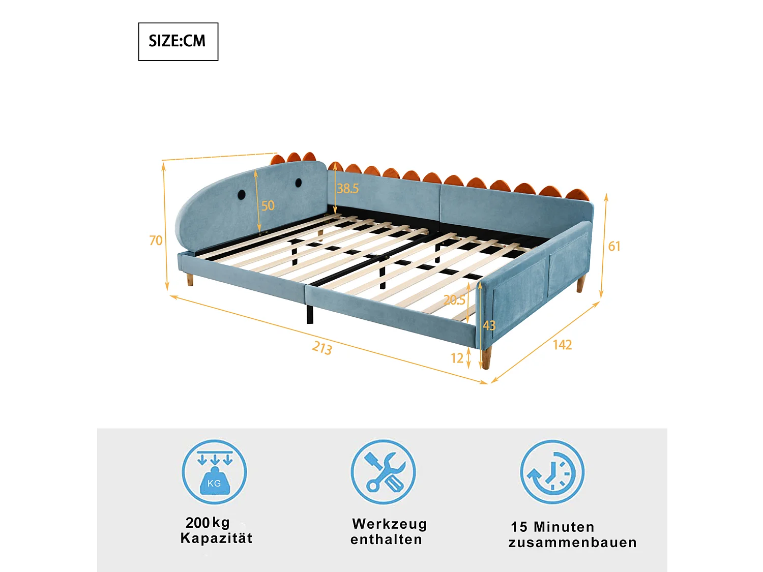 Kinderbed 140x200cm - Bedframe in de vorm van een dinosaurus, met rugleuning, armleuningen, lattenbodem - in de stof Blau velvet