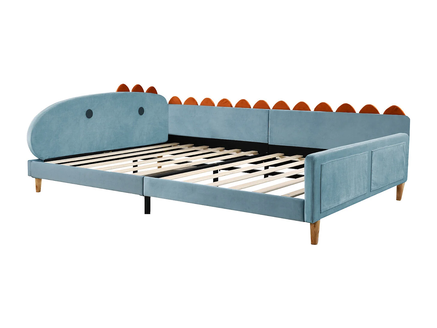 Kinderbed 140x200cm - Bedframe in de vorm van een dinosaurus, met rugleuning, armleuningen, lattenbodem - in de stof Blau velvet