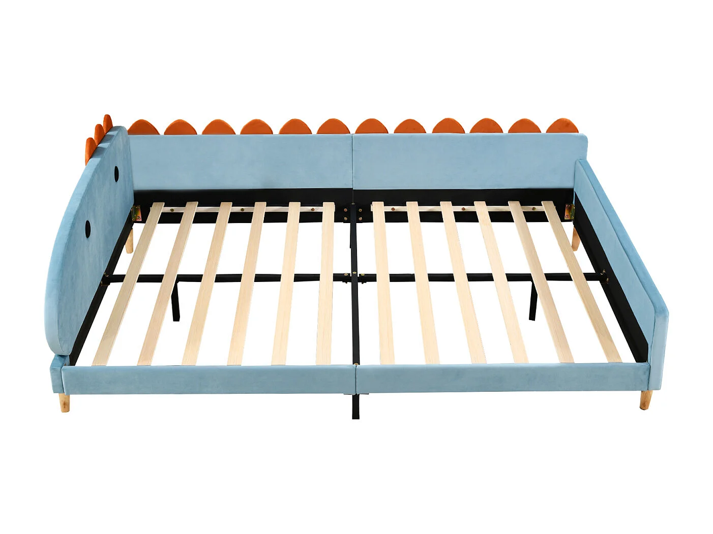 Kinderbed 140x200cm - Bedframe in de vorm van een dinosaurus, met rugleuning, armleuningen, lattenbodem - in de stof Blau velvet