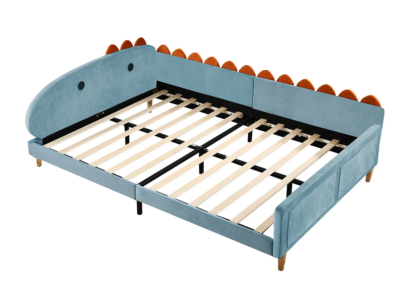 Kinderbed 140x200cm - Bedframe in de vorm van een dinosaurus, met rugleuning, armleuningen, lattenbodem - in de stof Blau velvet