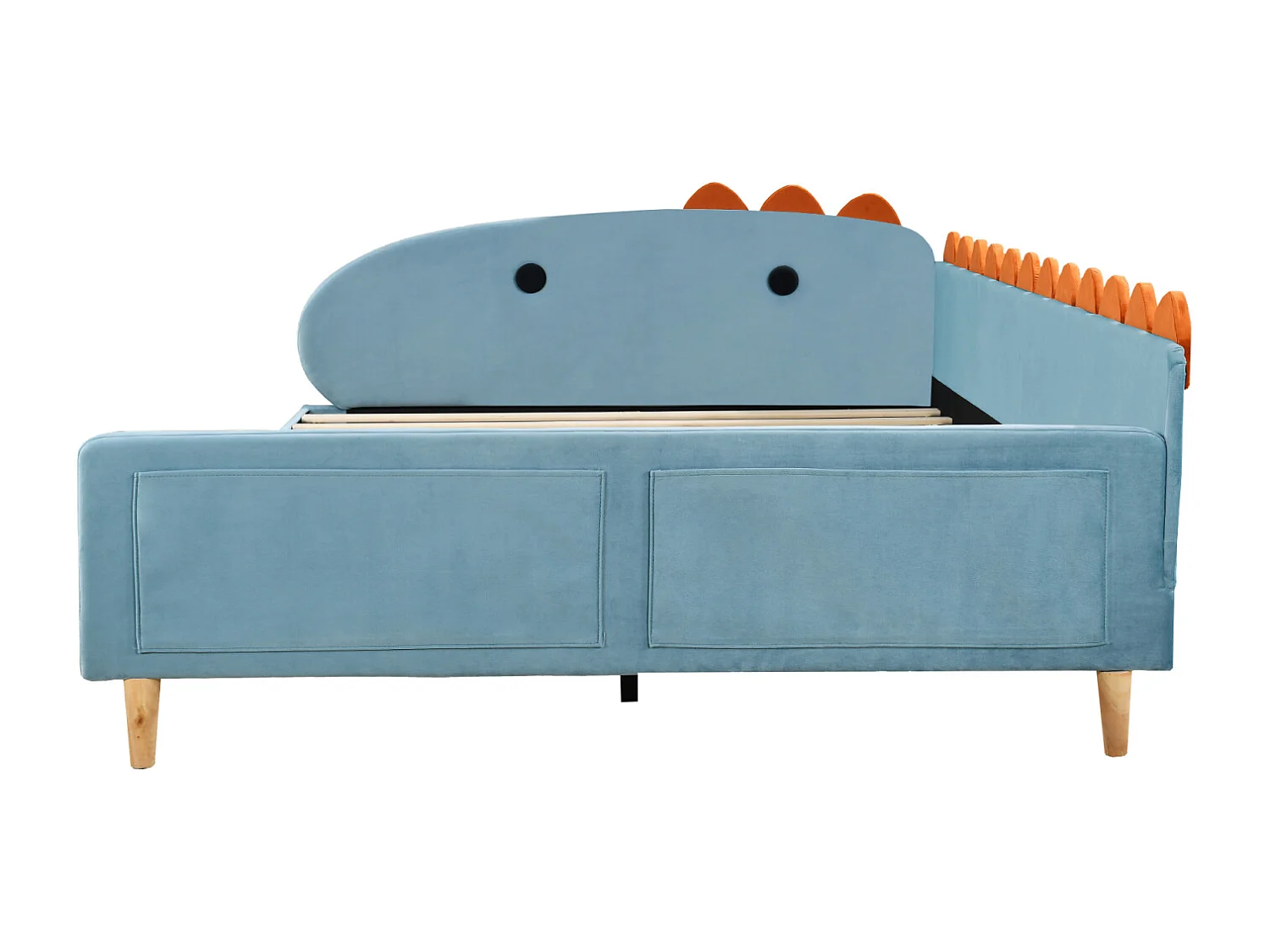 Kinderbed 140x200cm - Bedframe in de vorm van een dinosaurus, met rugleuning, armleuningen, lattenbodem - in de stof Blau velvet