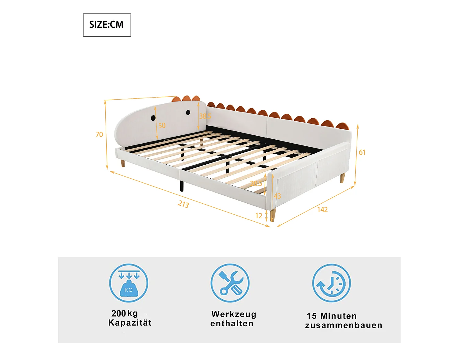 Lit enfant 140x200cm - Cadre de lit en forme dinosaure, avec dossier, accoudoirs, sommier à lattes - en tissu velours Beige