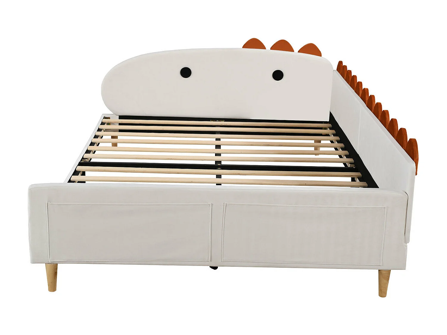 Lit enfant 140x200cm - Cadre de lit en forme dinosaure, avec dossier, accoudoirs, sommier à lattes - en tissu velours Beige