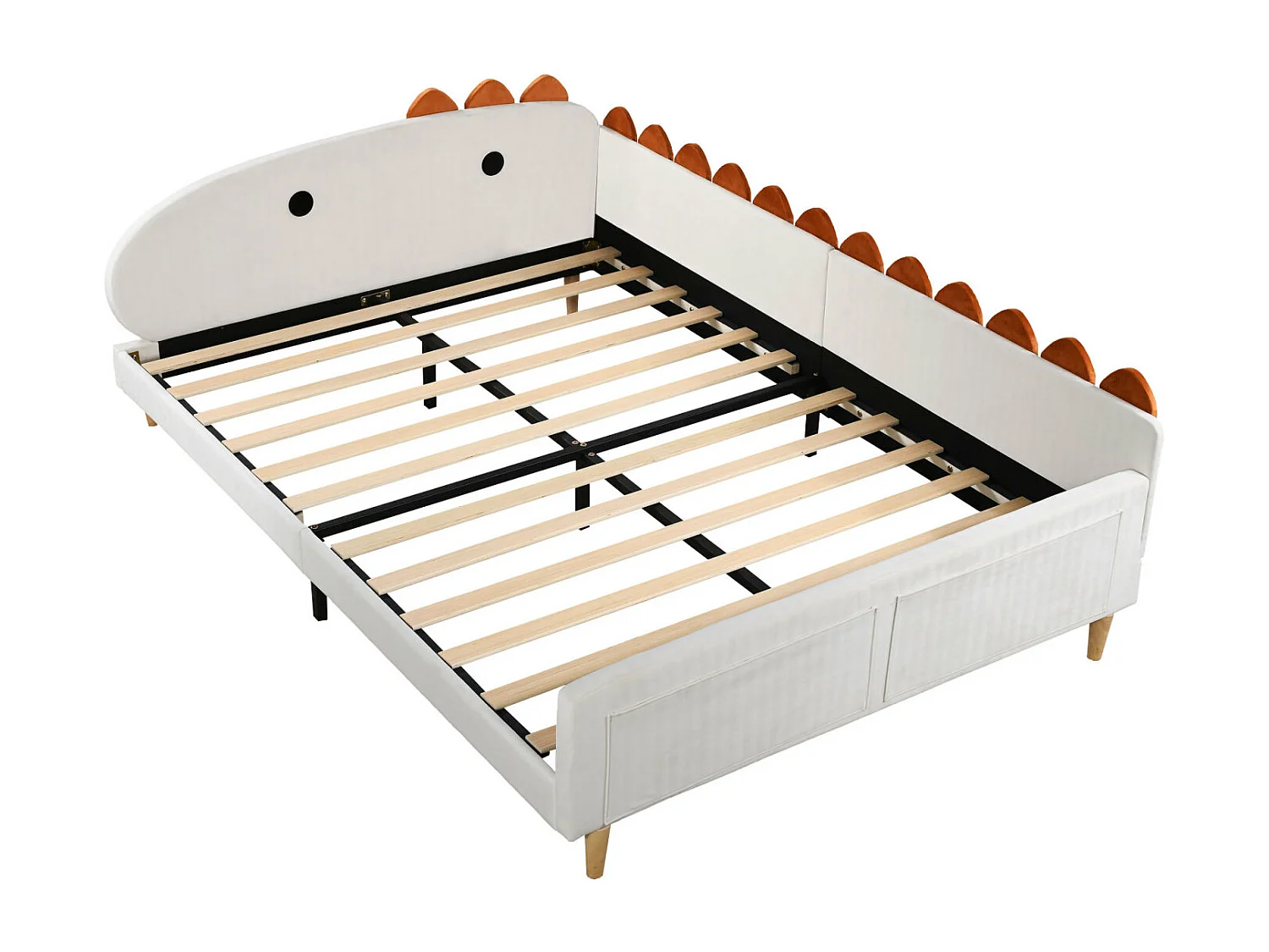 Lit enfant 140x200cm - Cadre de lit en forme dinosaure, avec dossier, accoudoirs, sommier à lattes - en tissu velours Beige