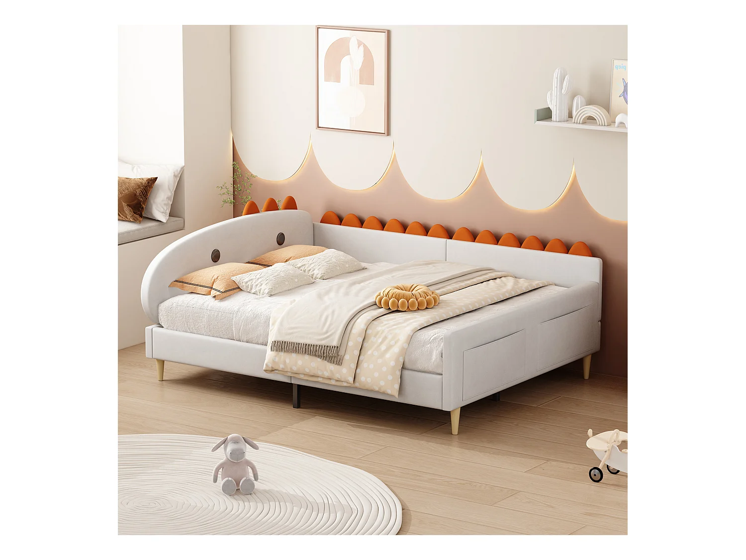 Kinderbed 140x200cm - Bedframe in de vorm van een dinosaurus, met rugleuning, armleuningen, lattenbodem - in beige fluwelen stof