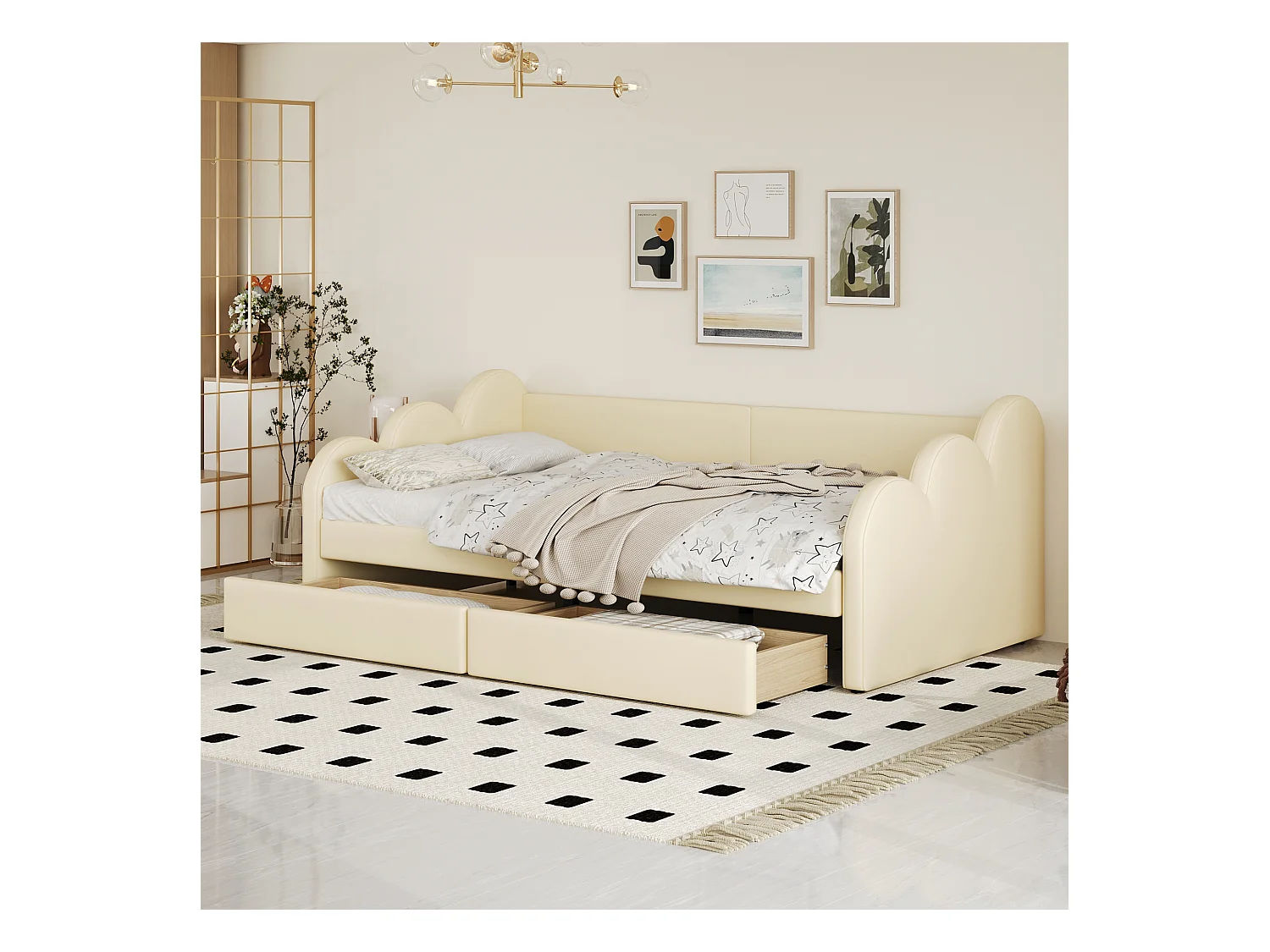 Eenpersoonsbed 90x200cm - gestoffeerd kinderbed met rugleuning en armleuningen met 2 lades - kunstlederen stof - Beige