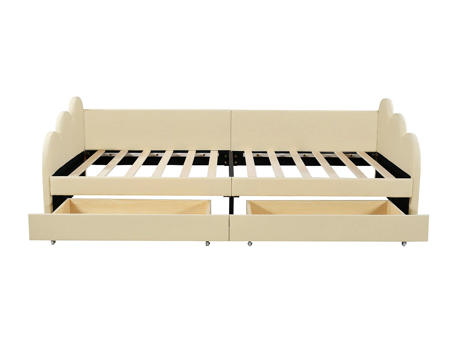 Eenpersoonsbed 90x200cm - gestoffeerd kinderbed met rugleuning en armleuningen met 2 lades - kunstlederen stof - Beige