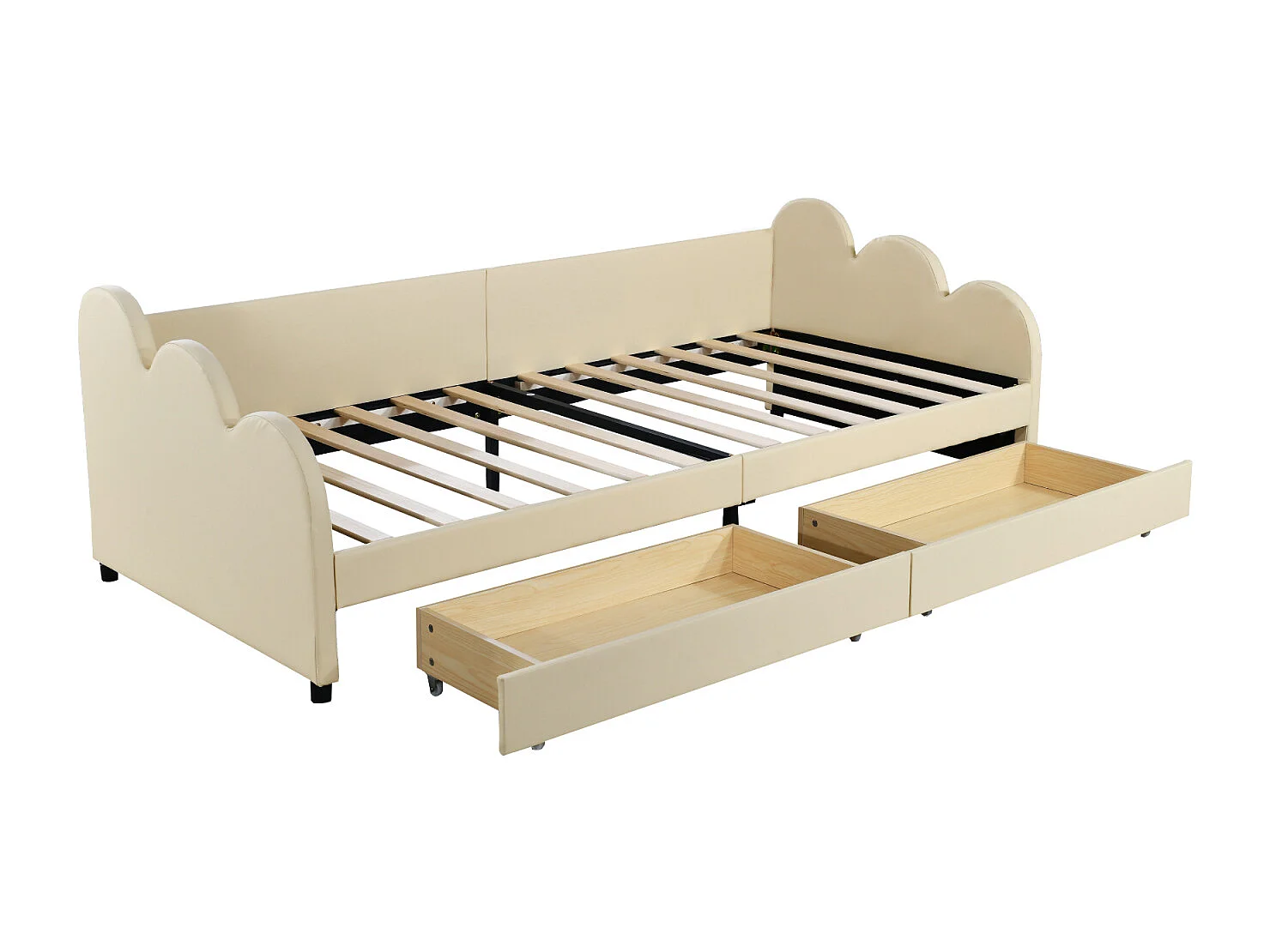 Eenpersoonsbed 90x200cm - gestoffeerd kinderbed met rugleuning en armleuningen met 2 lades - kunstlederen stof - Beige