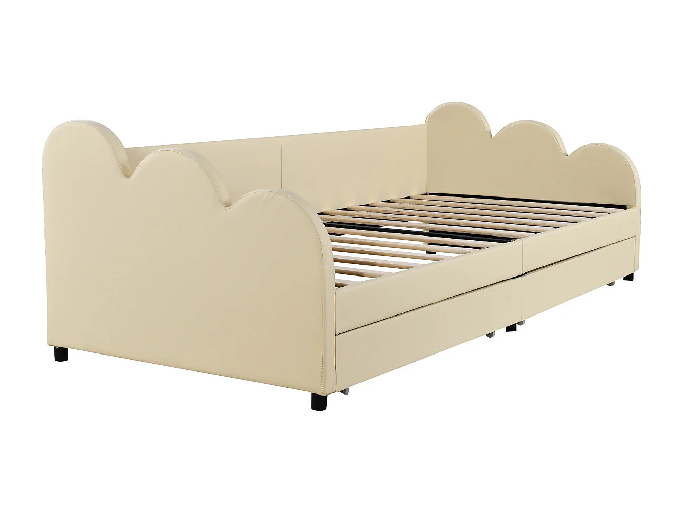 Eenpersoonsbed 90x200cm - gestoffeerd kinderbed met rugleuning en armleuningen met 2 lades - kunstlederen stof - Beige