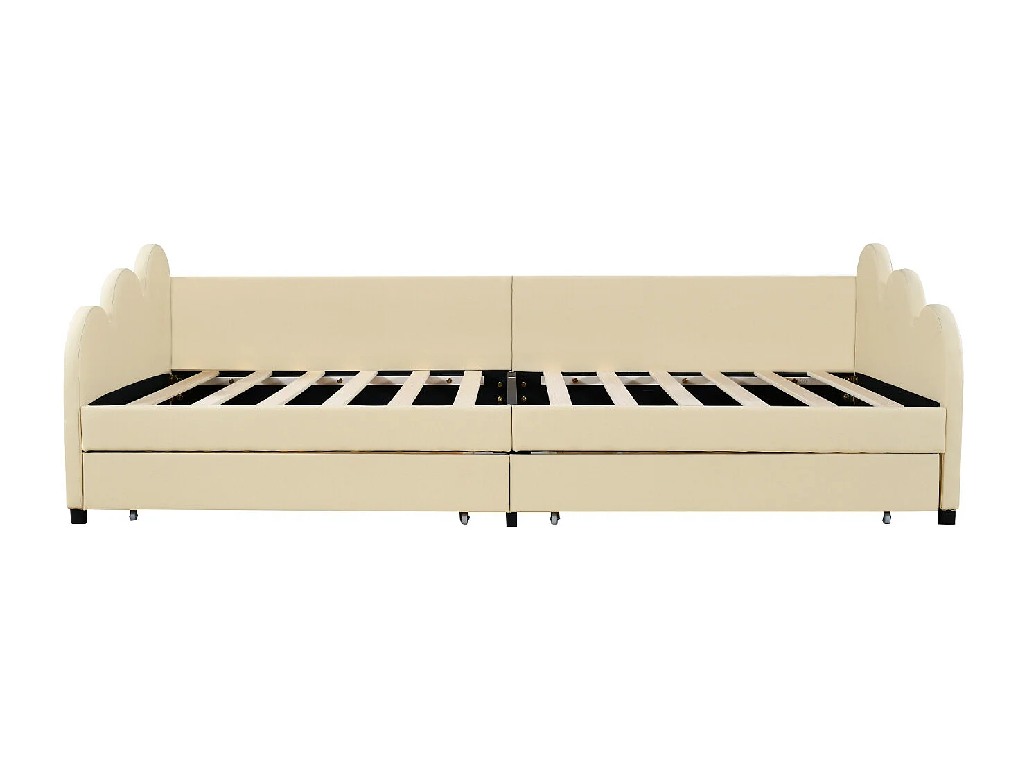 Eenpersoonsbed 90x200cm - gestoffeerd kinderbed met rugleuning en armleuningen met 2 lades - kunstlederen stof - Beige