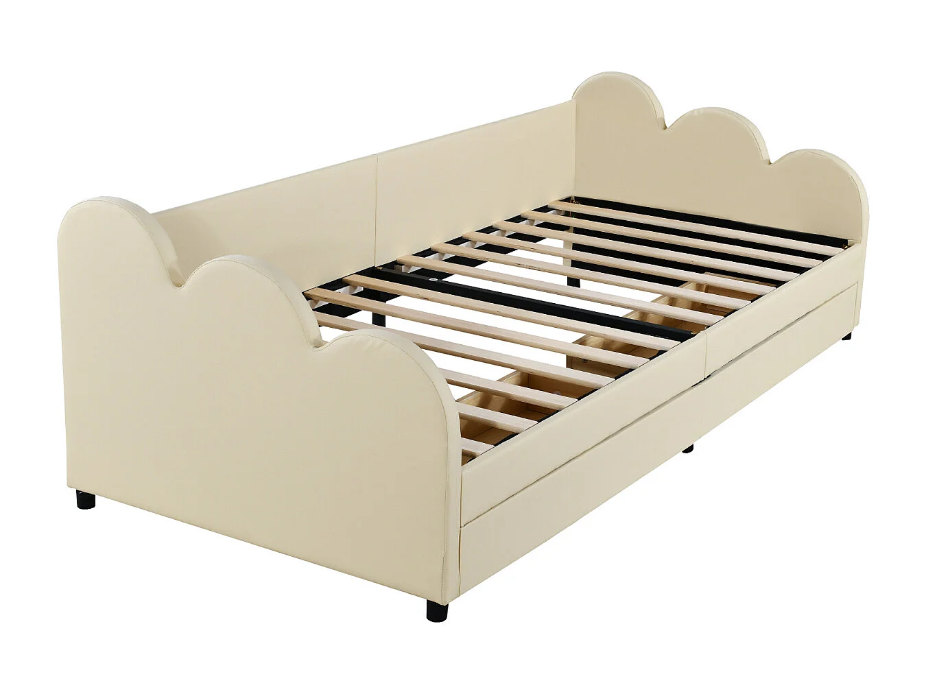 Eenpersoonsbed 90x200cm - gestoffeerd kinderbed met rugleuning en armleuningen met 2 lades - kunstlederen stof - Beige