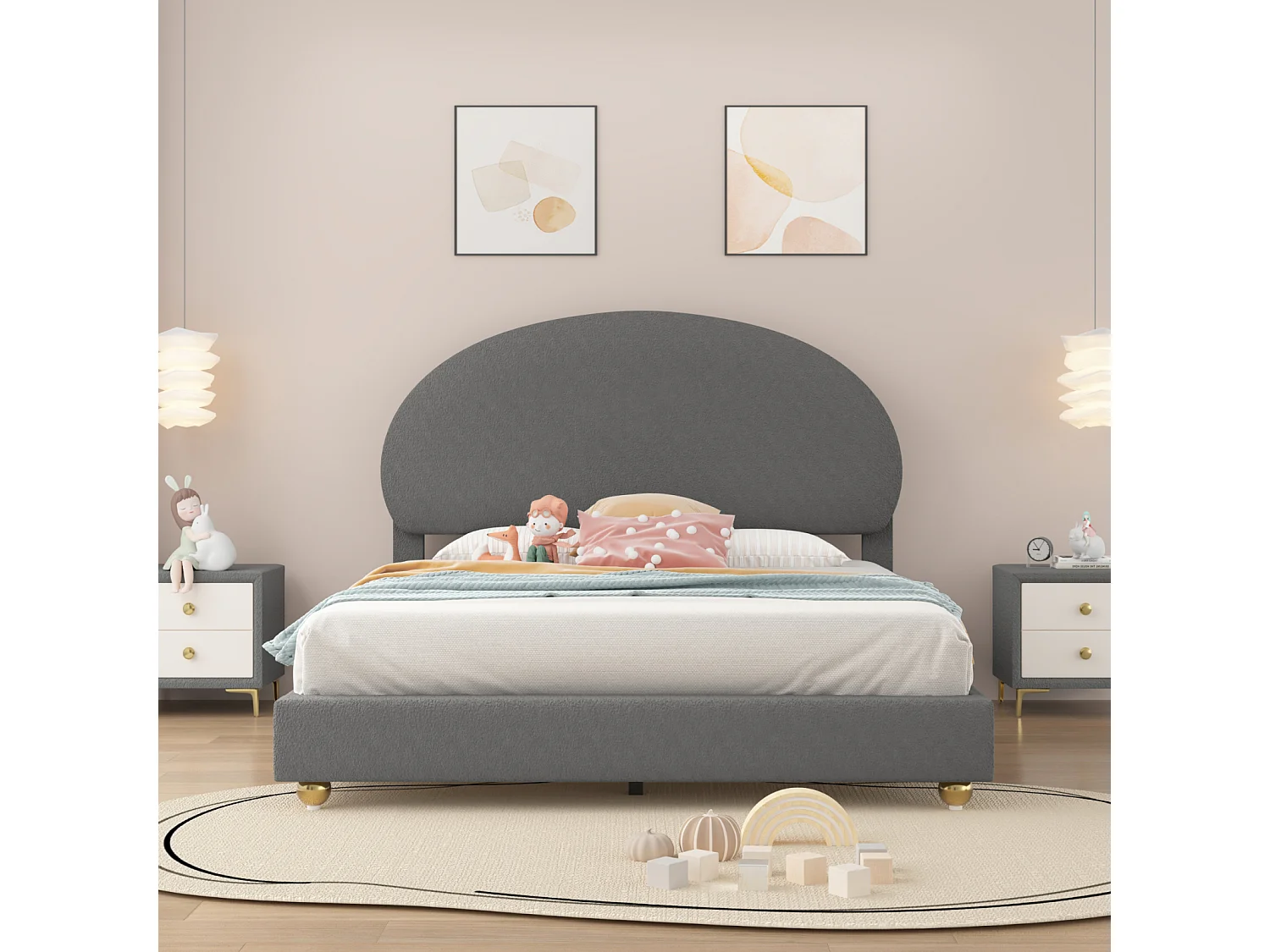 Lit double 140x200cm, lit capitonné avec tête de lit cintrée et sommier à lattes, en velours Teddy, gris